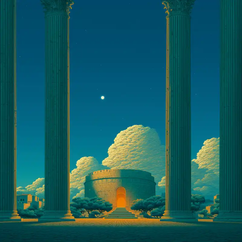 A rustic outdoor market stall displays an array of fresh produce including vibrant tomatoes, leafy greens, and a variety of olives, set against the backdrop of a picturesque rural Italian village.