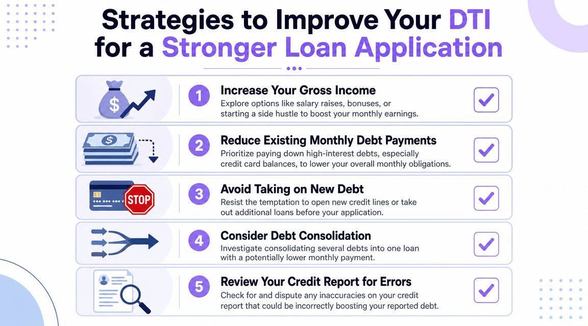 An infographic detailing five effective strategies to improve your debt-to-income ratio for a stronger loan application.
