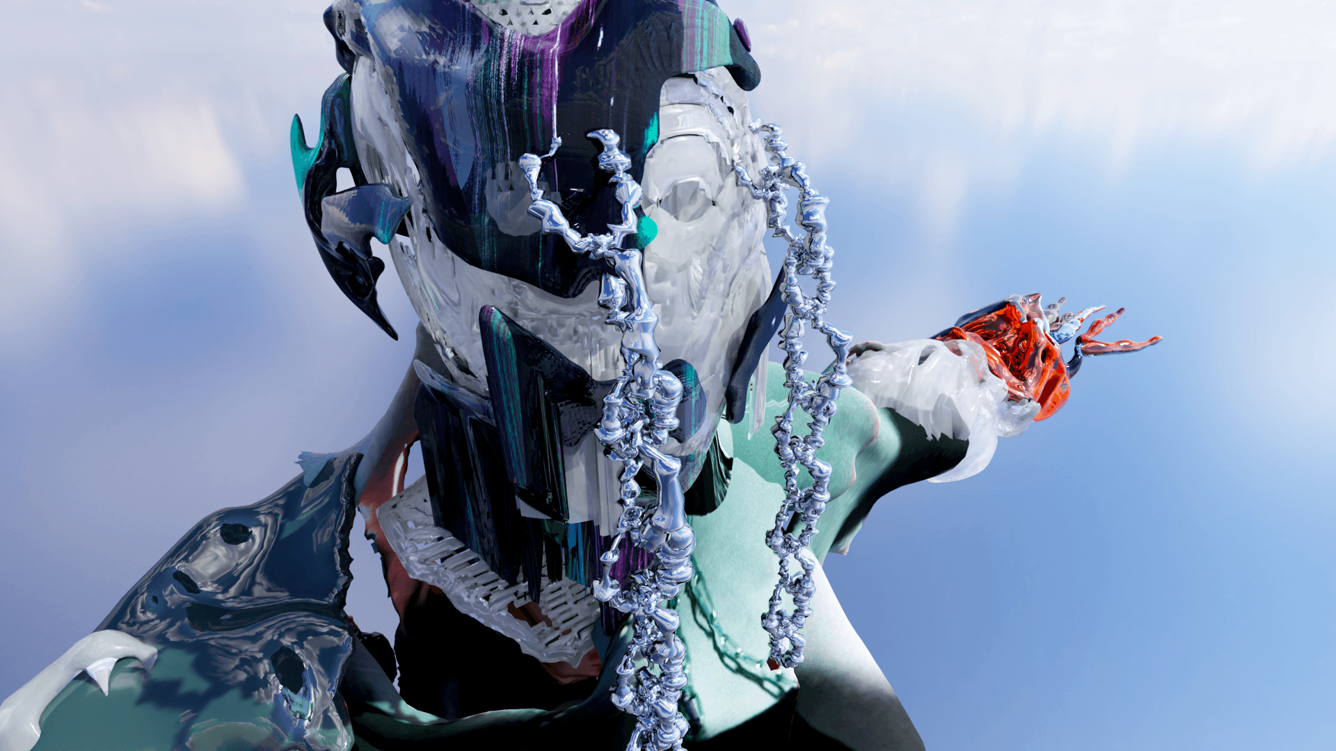 Abstract 3D-rendered humanoid figure with a glossy white and teal helmet-like head, metallic chain elements, and a raised arm tipped with glowing red organic forms against a soft gradient background.