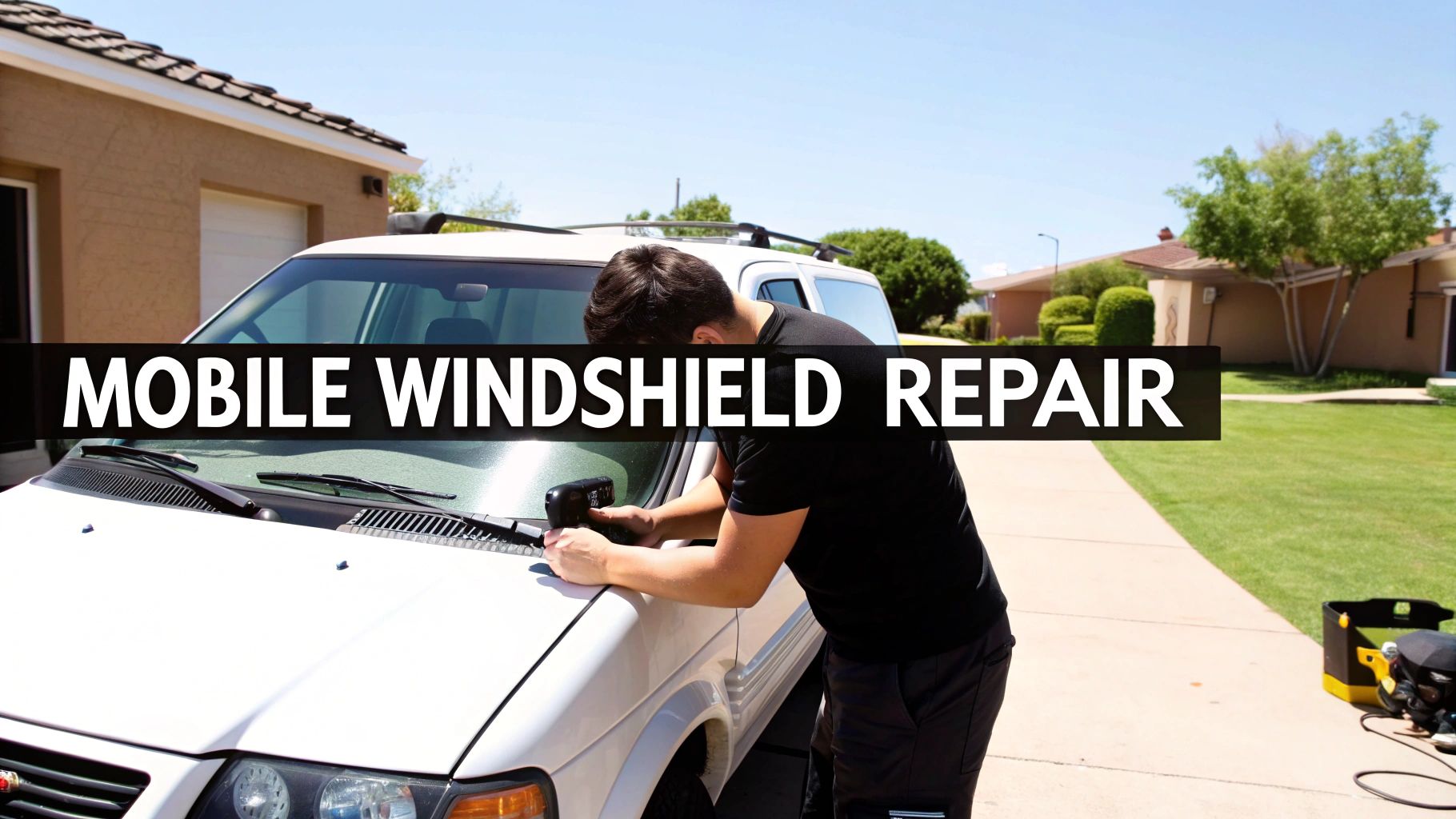 A technician performing mobile windshield repair on a white car in a residential driveway on a sunny day.