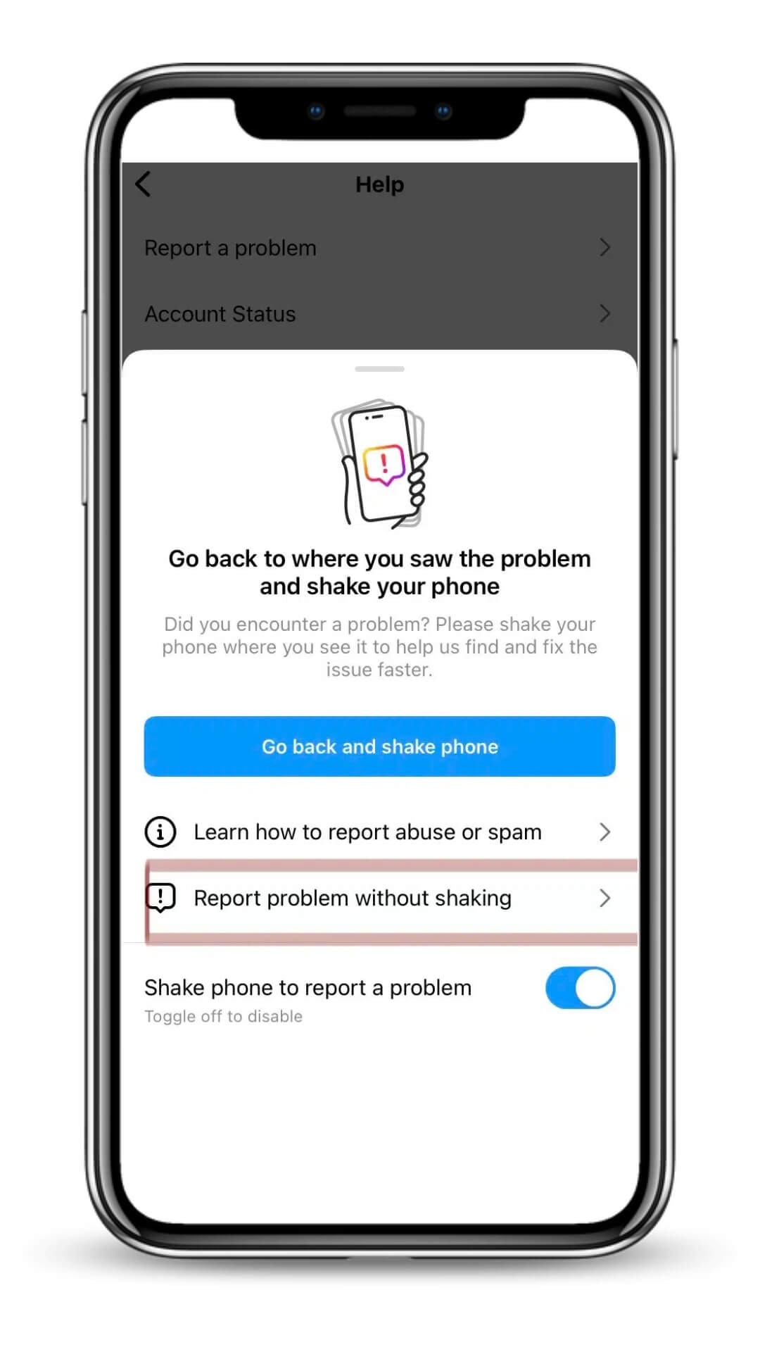 report a problem to instagram-in-app support-report without shaking the phone