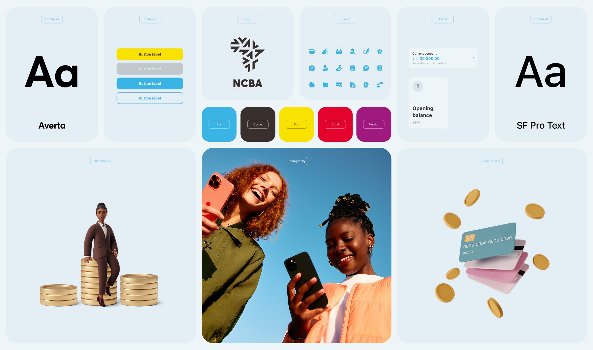 NCBA design system overview showing typography (Averta and SF Pro Text), button styles, brand colour palette (Sky, Cocoa, Sun, Coral, Passion), logo, icons, card components, photography, and 3D illustrations.