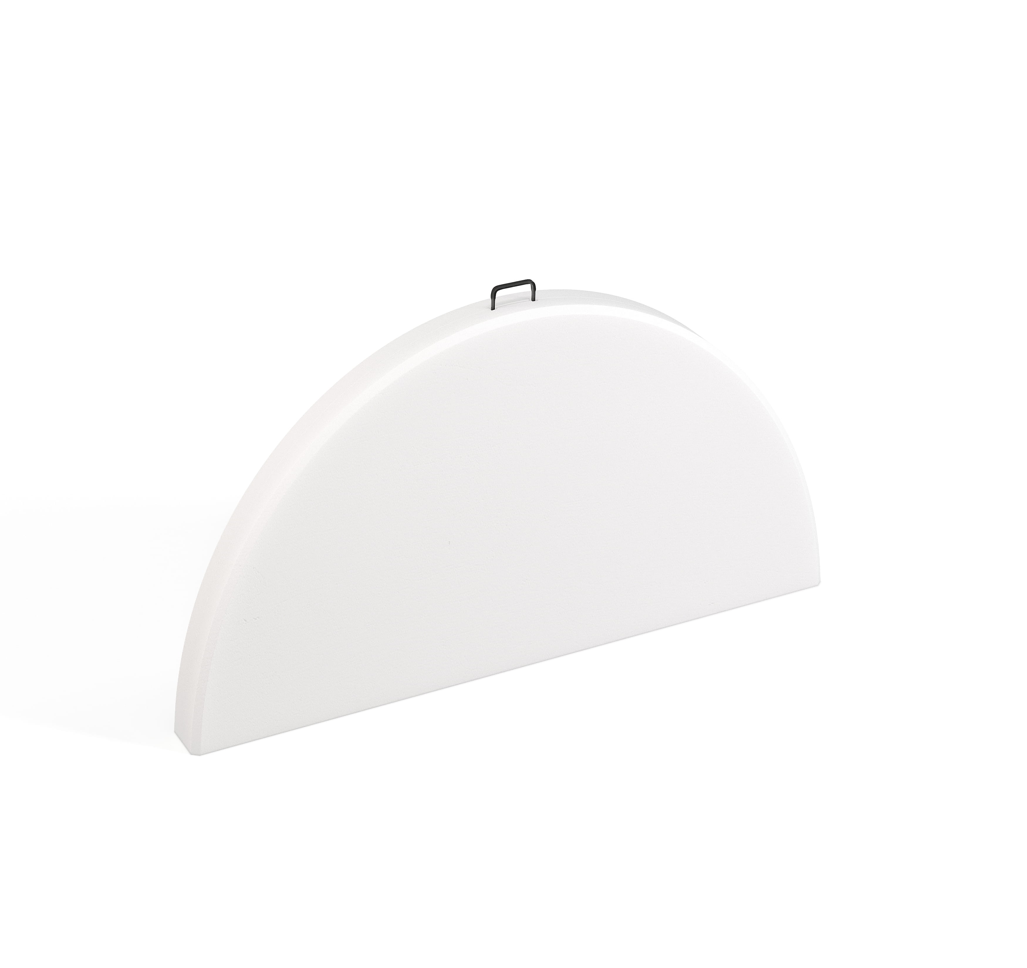 Folded round table showing compact storage form with carry handle