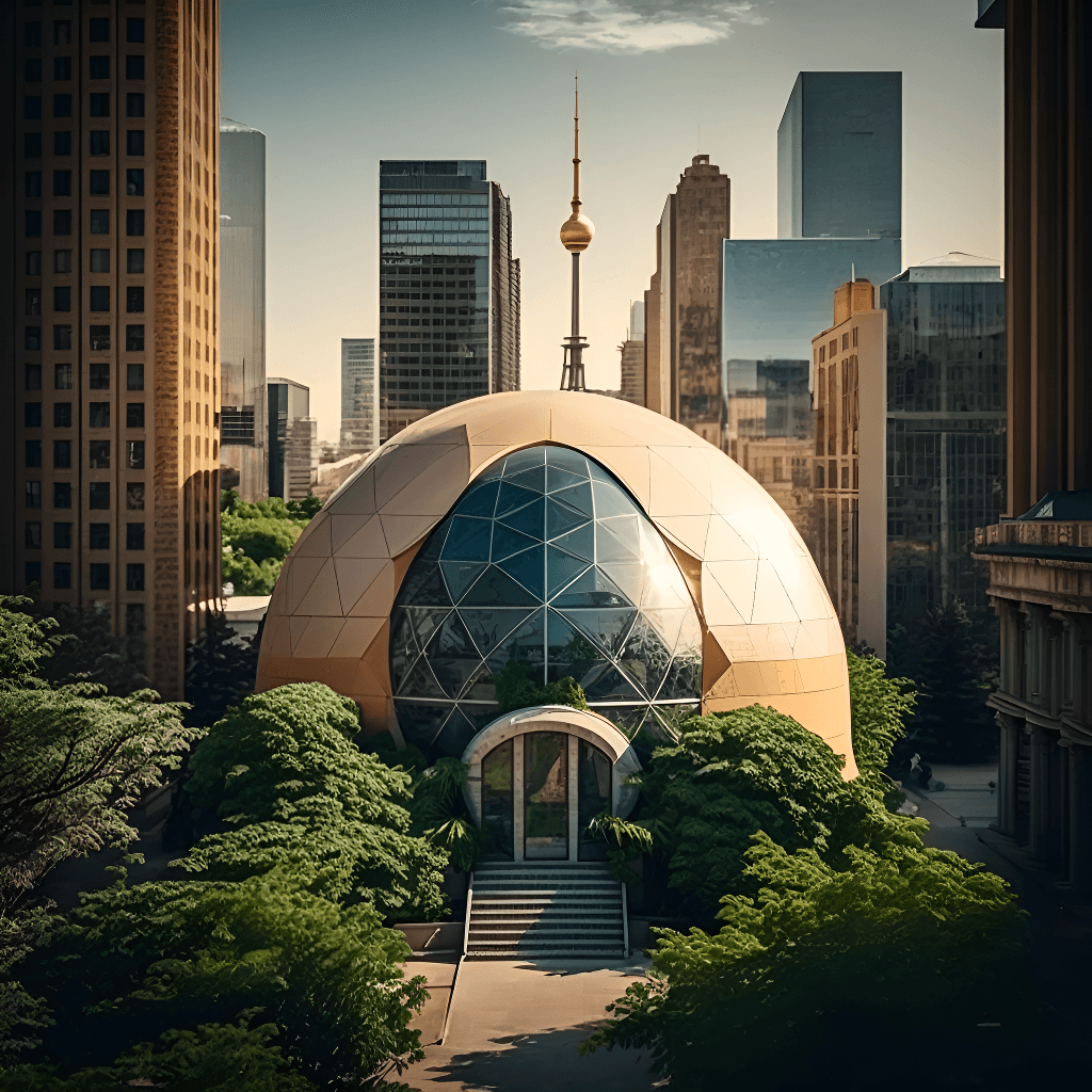 A modern dome structure surrounded by lush greenery, set against a city skyline with skyscrapers.