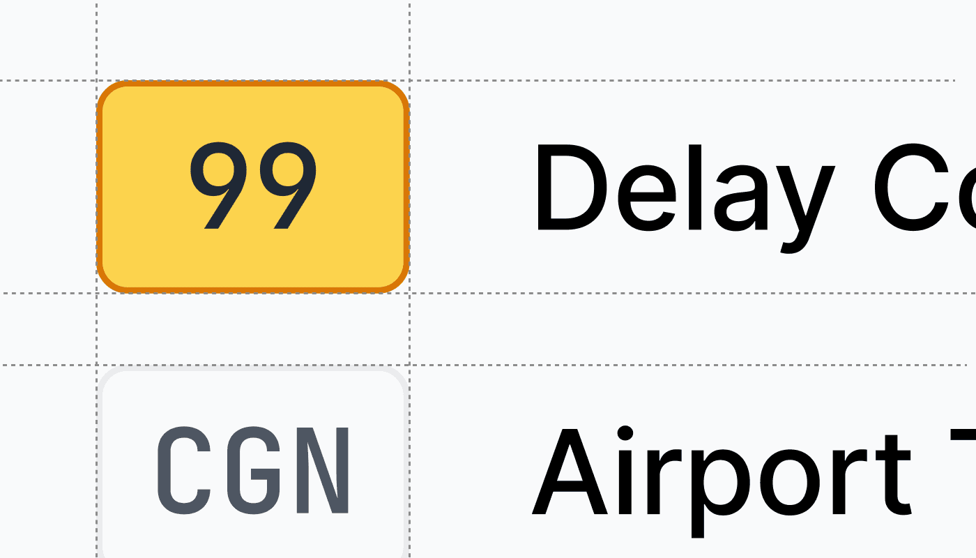 A graphic for the smooth aviation blog article "Design in Aviation". The image shows a flight information display with the number 99 highlighted in yellow in the "Delay Code" section, next to the airport code "CGN" under "Airport Terminal."