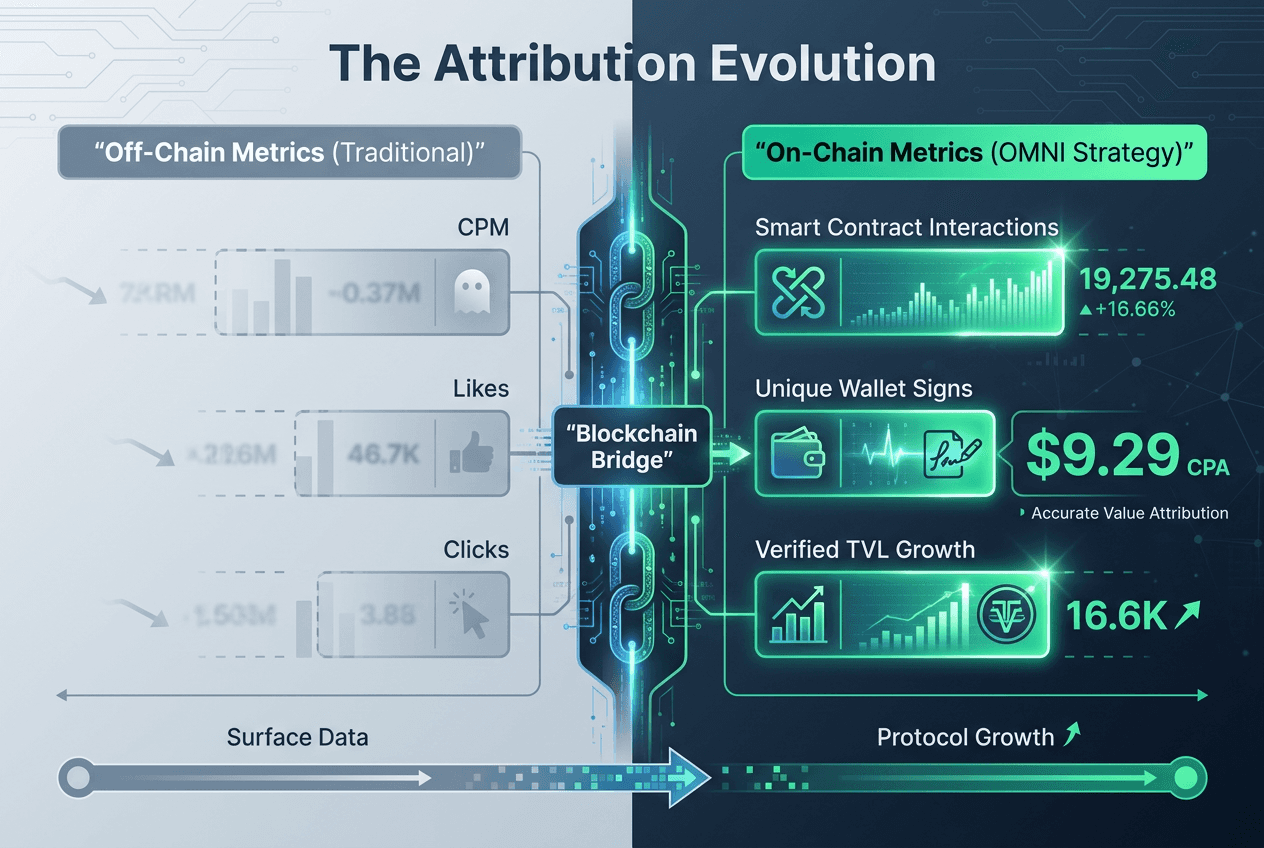 A comparative data visualization showing the difference between traditional off-chain social metrics and advanced Web3 on-chain attribution data.