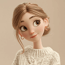 Cartoon girl in a sweater, smiling while holding a steaming cup in her hands.