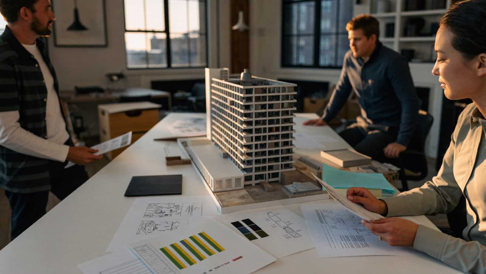 Architects reviewing drawings around a white scale model of a residential building in a design studio, architecture marketing in New York by TERAMOK