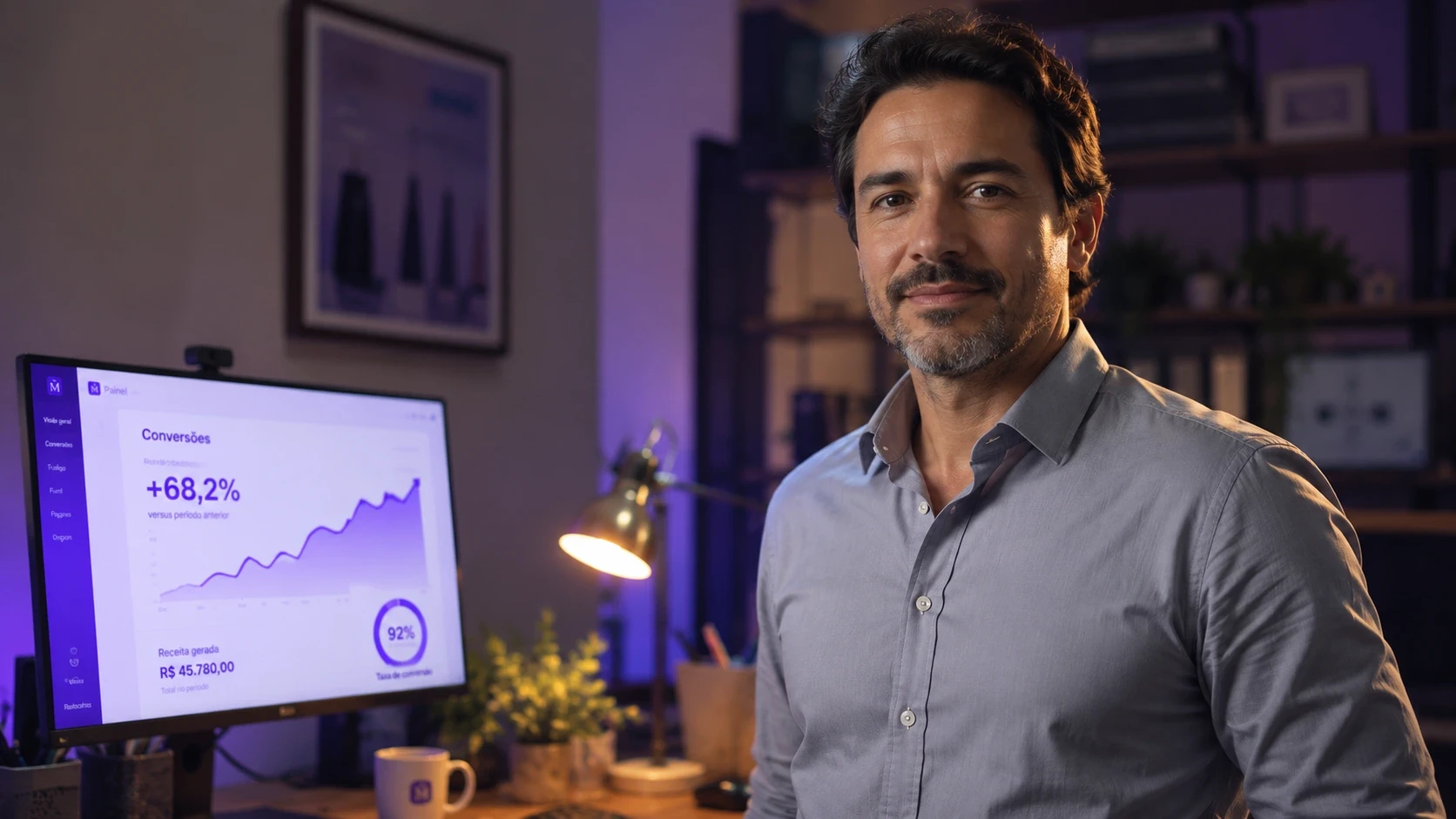 Empresario com seu computador mostrando crecimento nas vendas