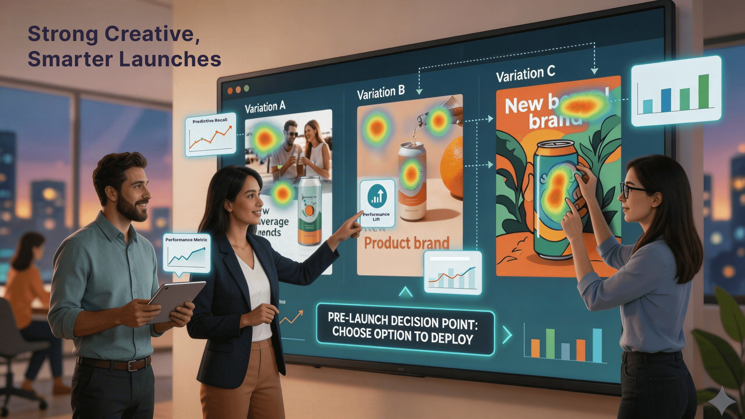 Cover image showing a marketing team comparing creative variations on a large screen with pre-launch performance signals and heatmap-style attention insights.