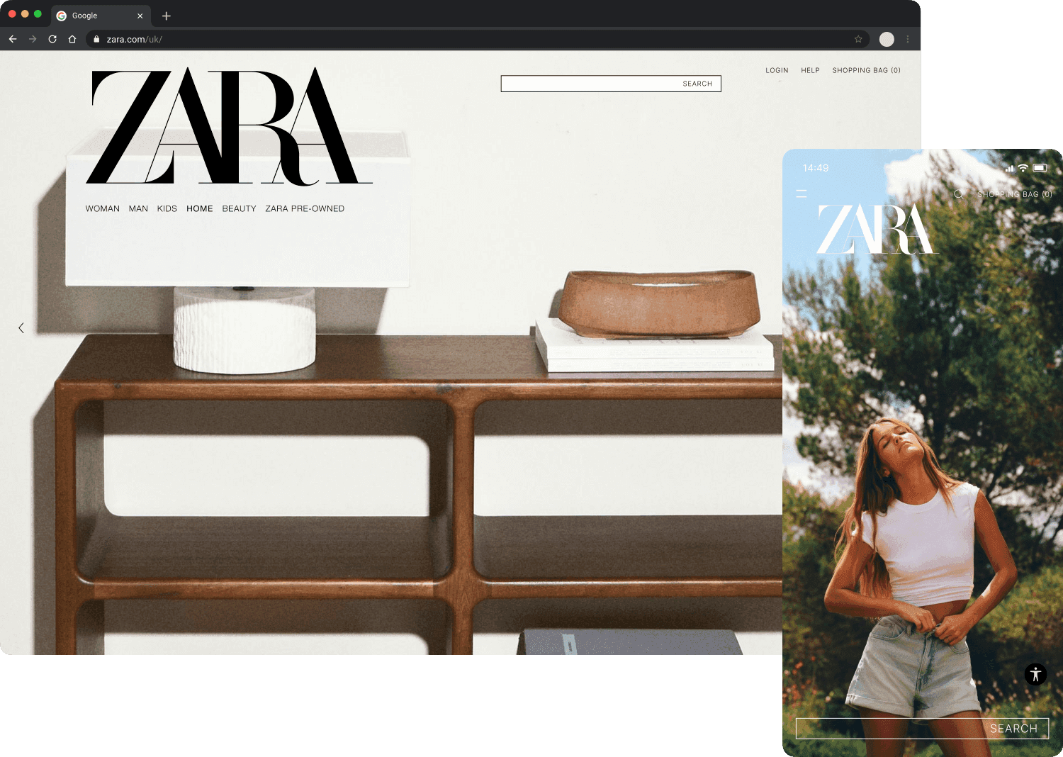 Desktop and mobile screens showing the current Zara landing page navigation