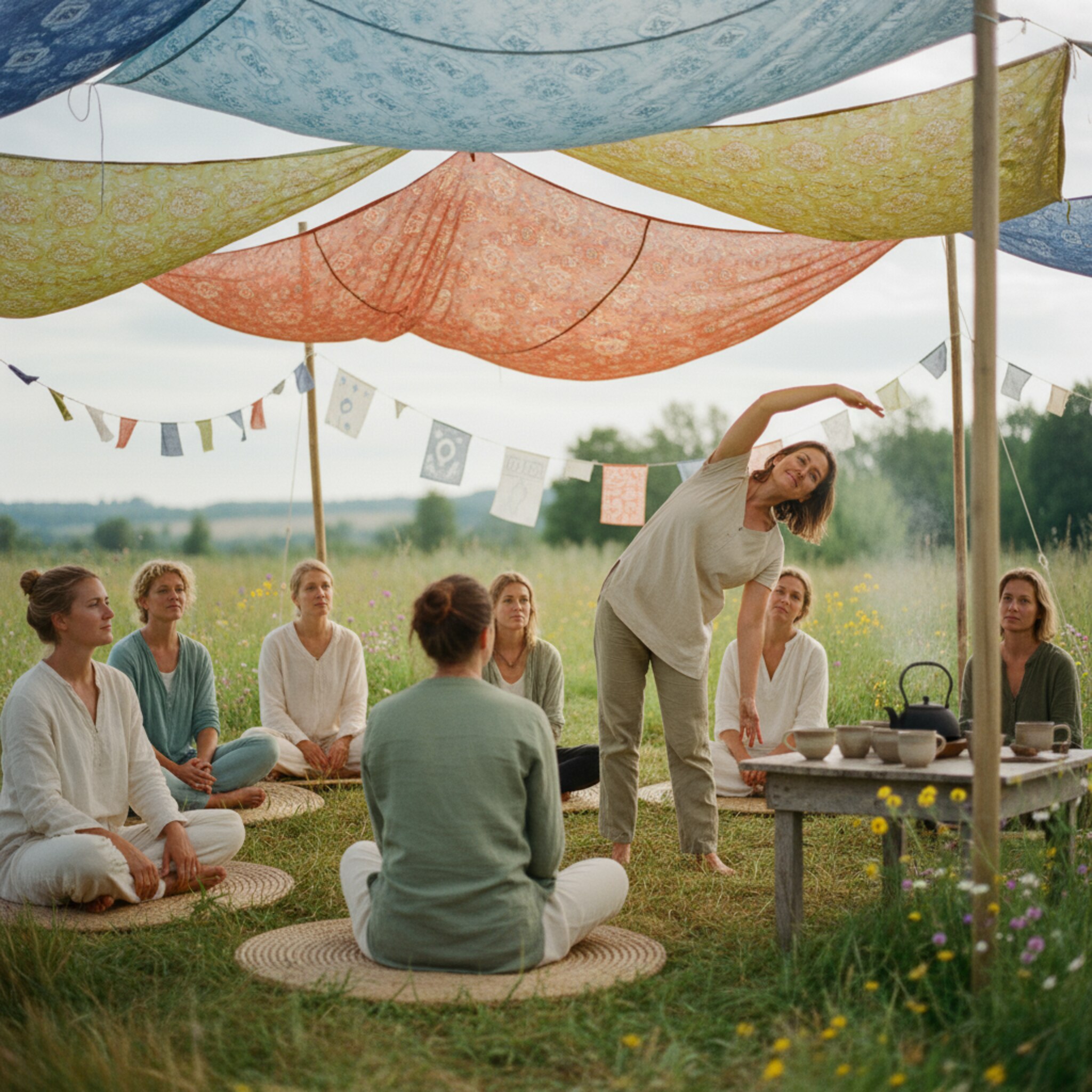 Auf einer Wiese spannen bunte Stoffbahnen Schatten über ein Workshop-Zelt. Menschen sitzen auf Matten, eine Lehrerin demonstriert eine sanfte Dehnung. Nebenan dampft ein Teekessel auf einem Tisch mit Keramikbechern. Fahnen bewegen sich leise im Wind, die Atmosphäre wirkt offen, lebendig und einladend.