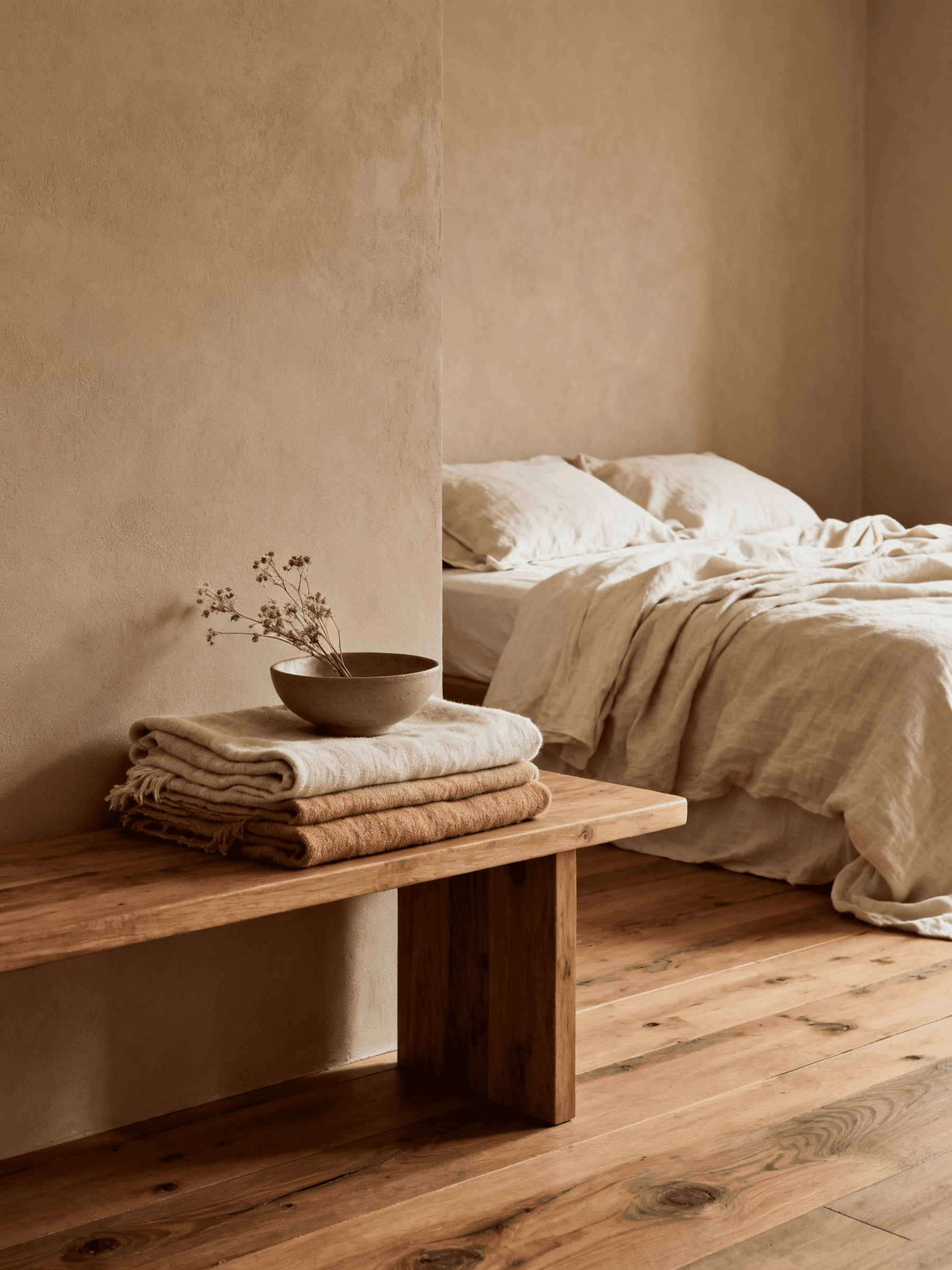 Minimalist bedroom vignette with wooden bench, stacked neutral textured blankets, ceramic bowl with dried flowers, soft plaster walls, and natural wood flooring
