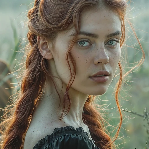 campagnebeeld van een rosse boerin tussen de koeien in de weide