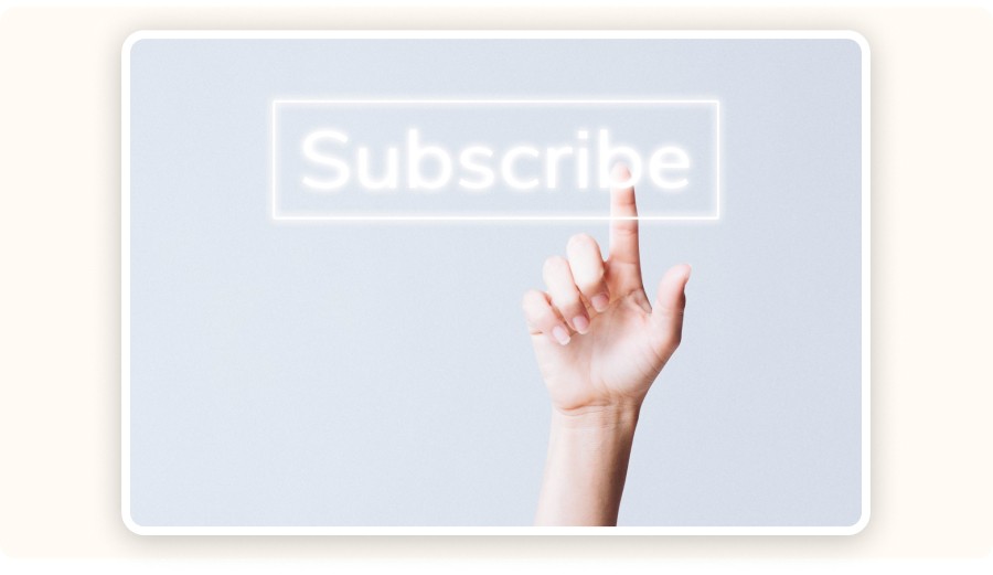 Hand pressing glowing subscribe button on minimal digital interface background