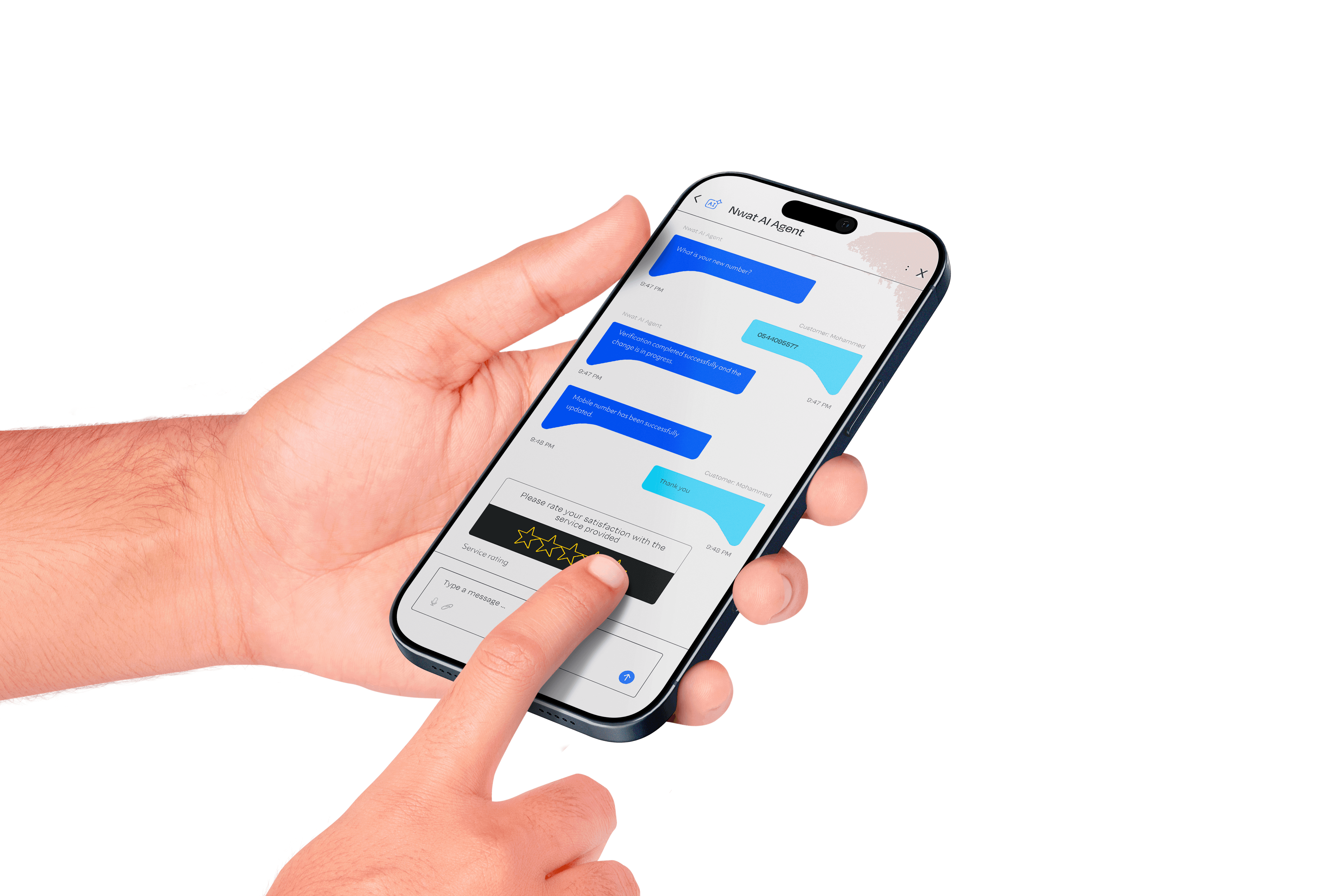 Hand holding a phone displaying a conversation with NWATAI smart agent and service quality rating