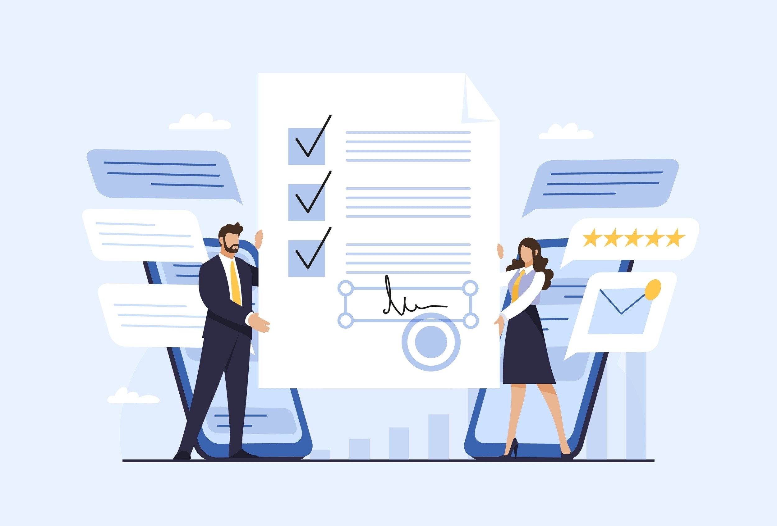 Illustration of two professionals holding a signed influencer contract with checklist and star ratings