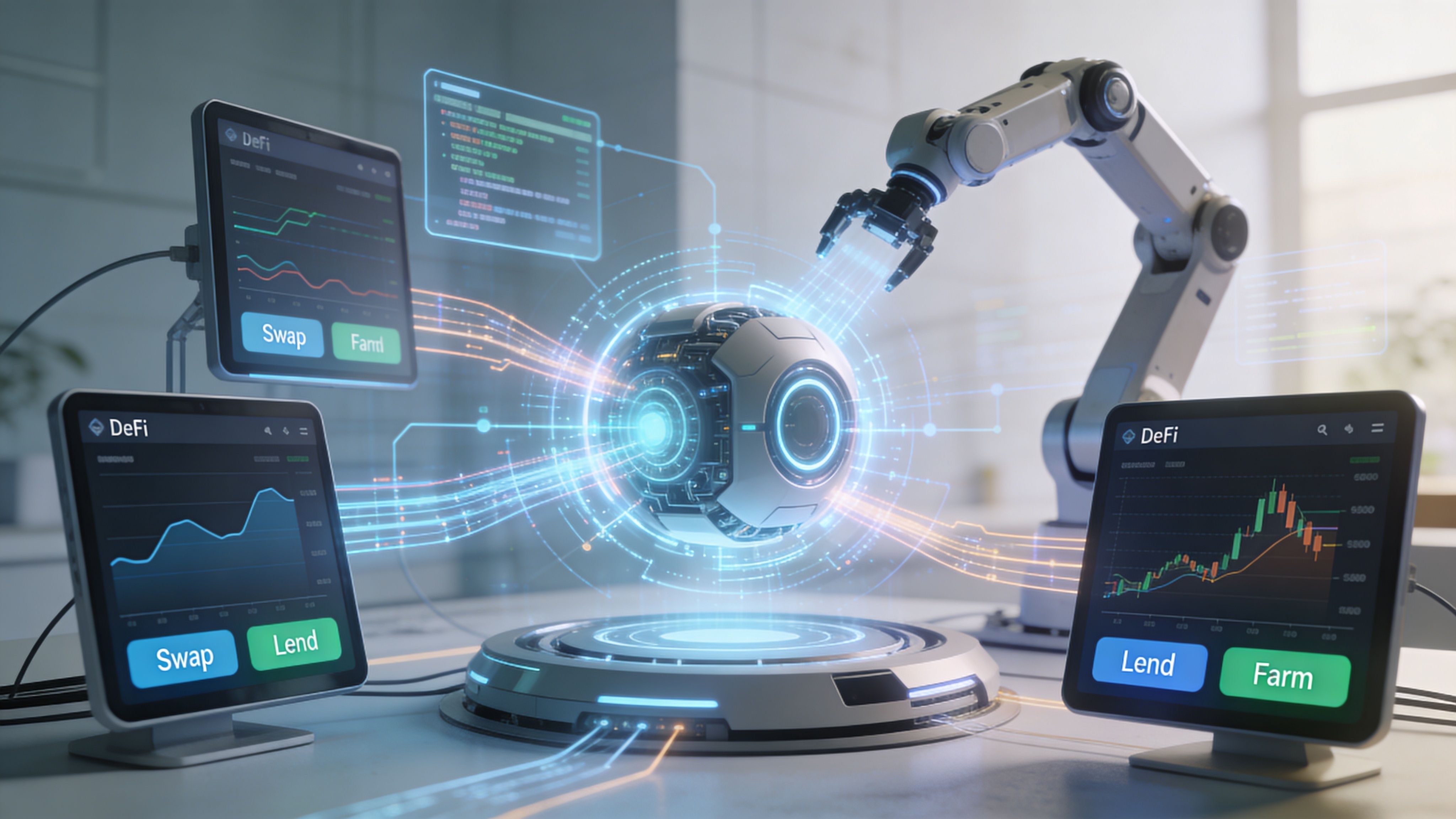 A robotic arm interacts with a glowing digital core surrounded by DeFi trading dashboards and data visualizations.