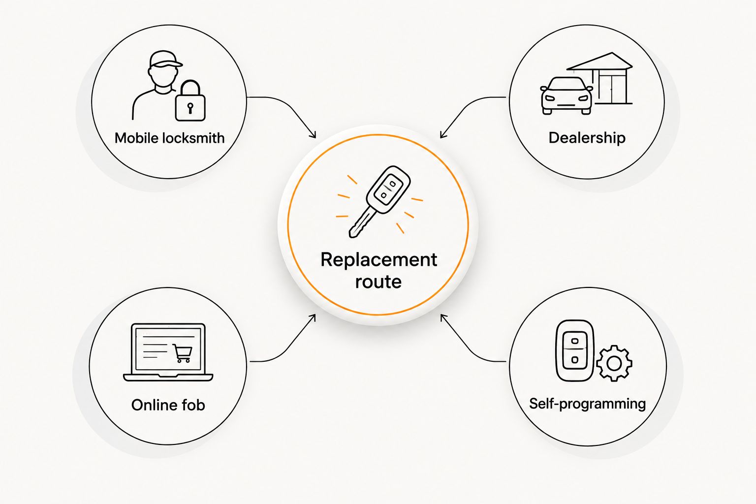 Four car key fob replacement routes around a central decision point
