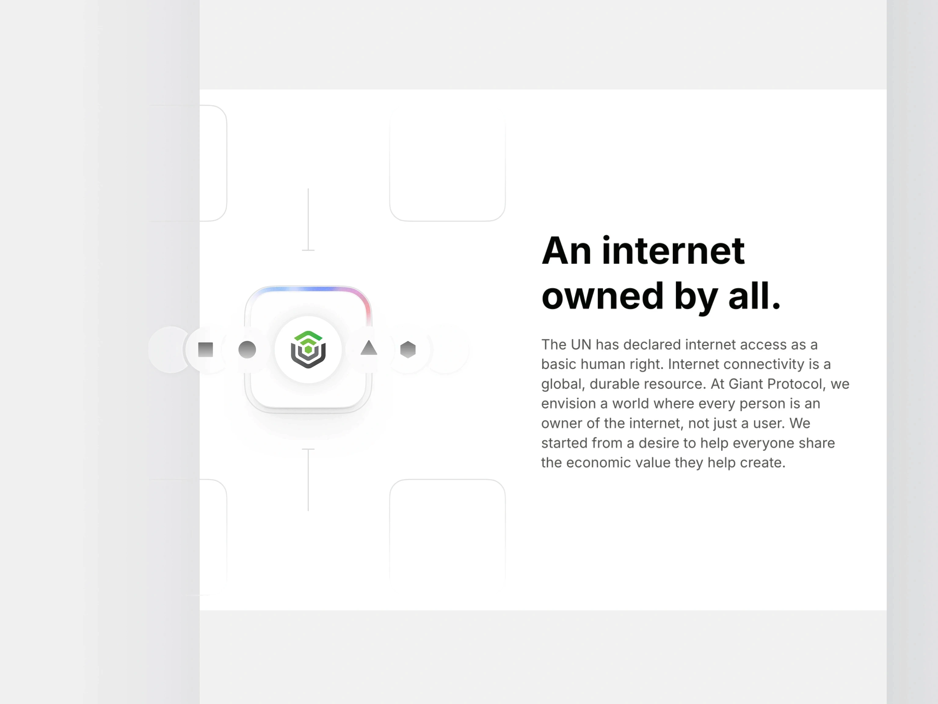 Giant Protocol website section describing an internet owned by all
