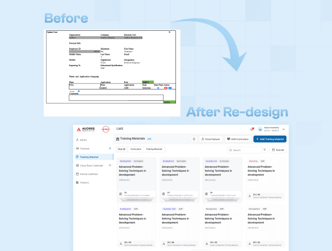 LMS software old and new redesign screens
