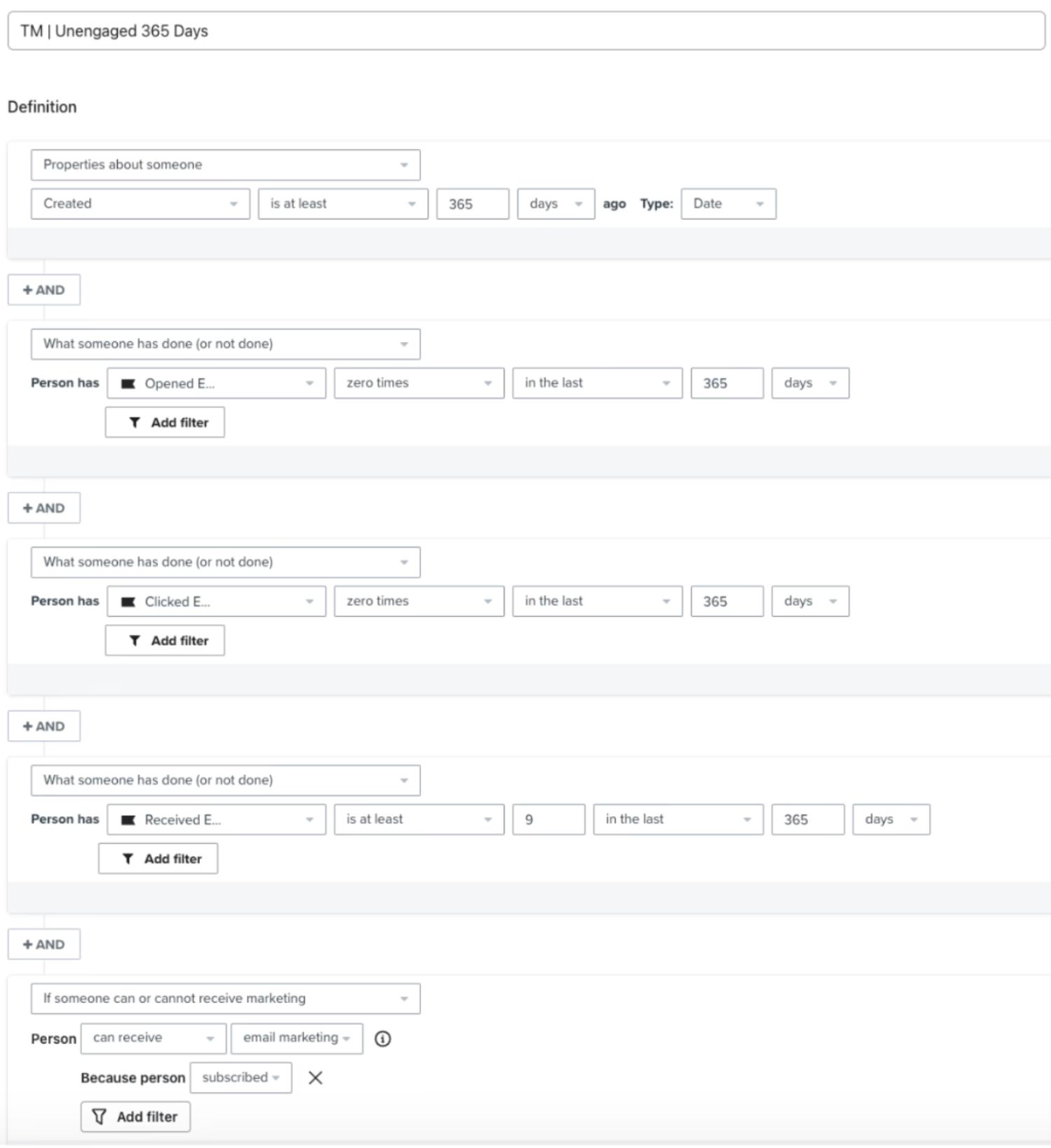 Unengaged Segment.jpeg – Klaviyo segment setup targeting unengaged subscribers for re-engagement or removal.