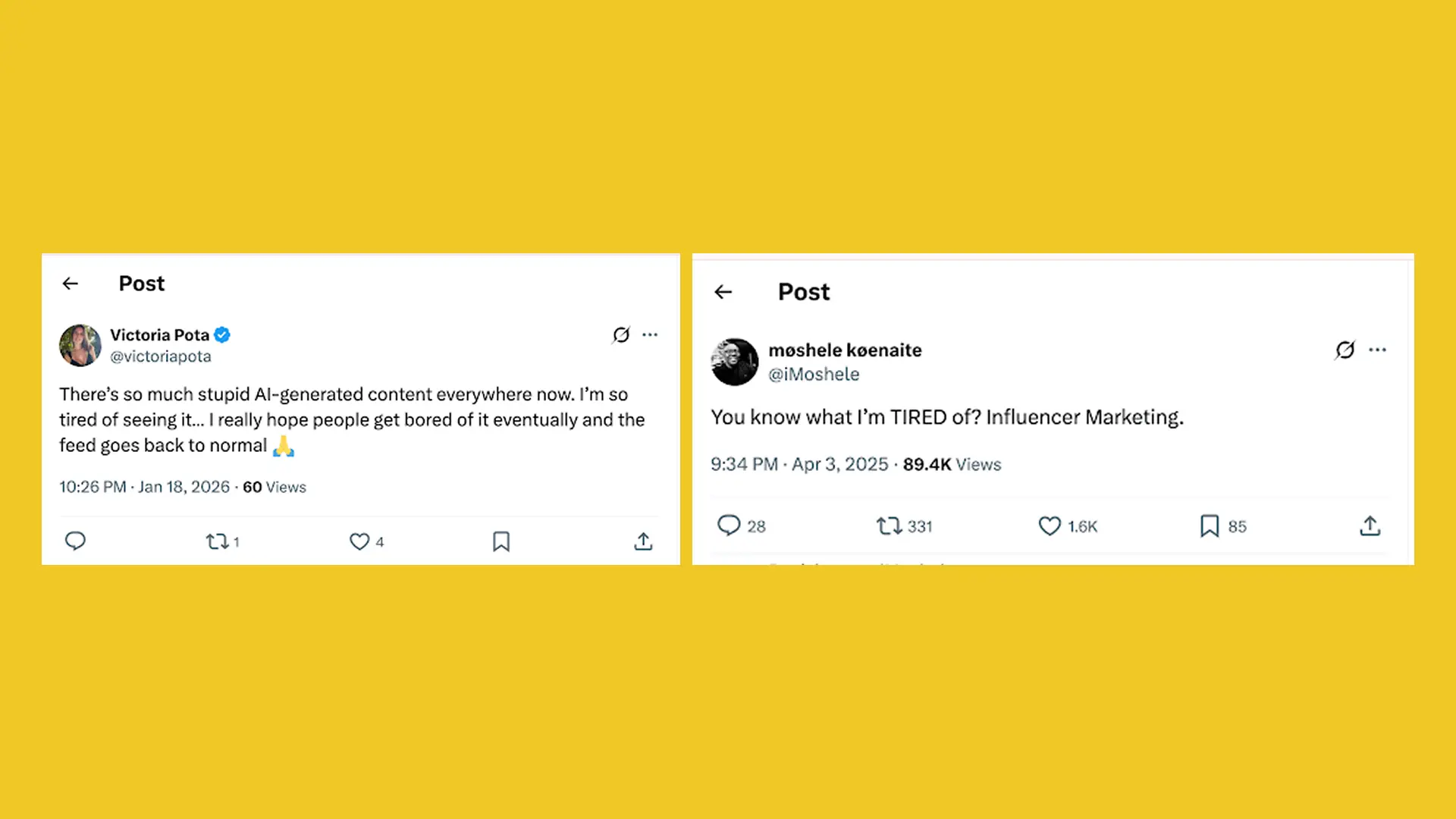 Screenshot of a tweet expressing frustration with AI-slop content & obvious influencer content flooding social media feeds.