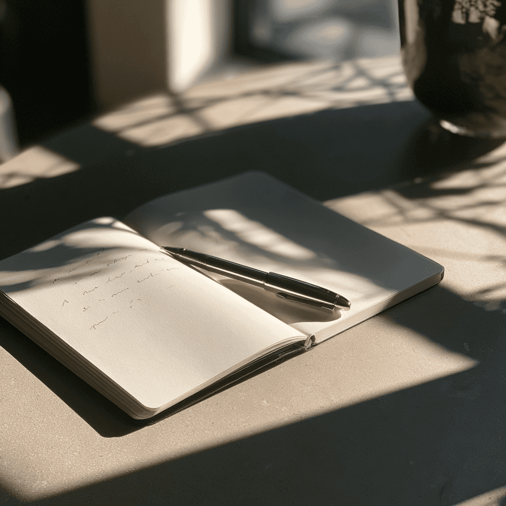 An open notebook with a short handwritten trigger log entry and a pen beside it