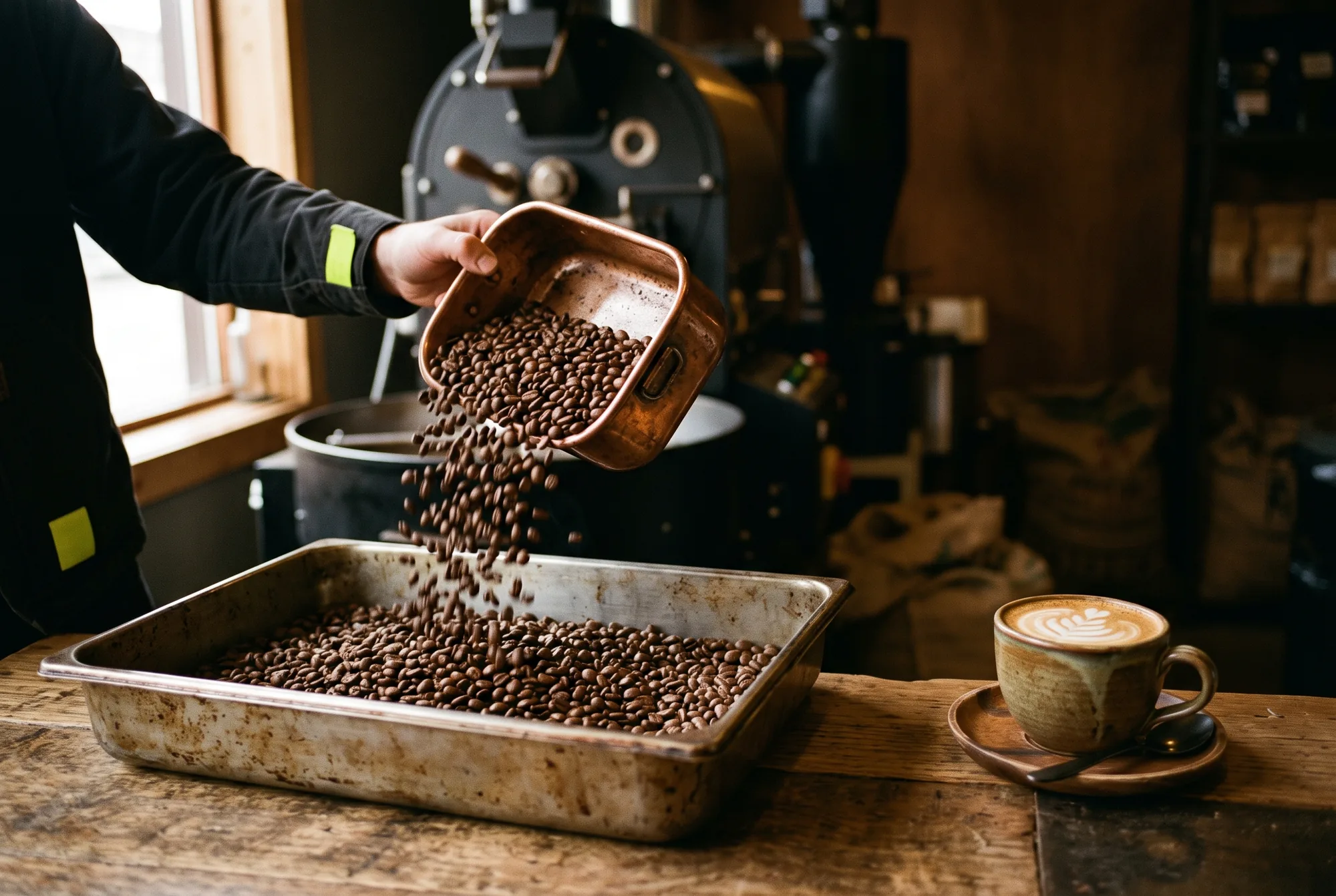 Roasted coffee beans poured into a cooling tray