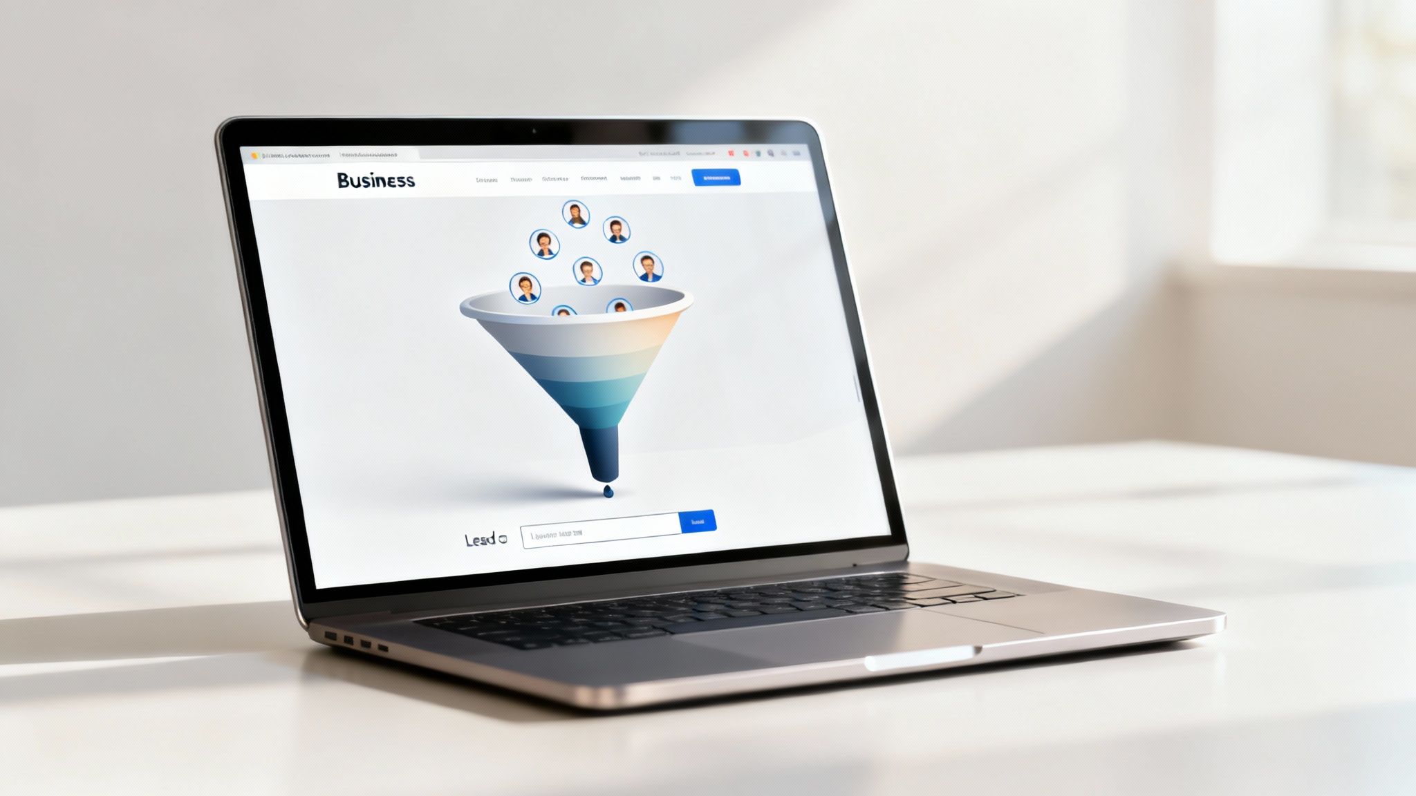 A person pointing at a laptop screen showing website analytics and lead data.