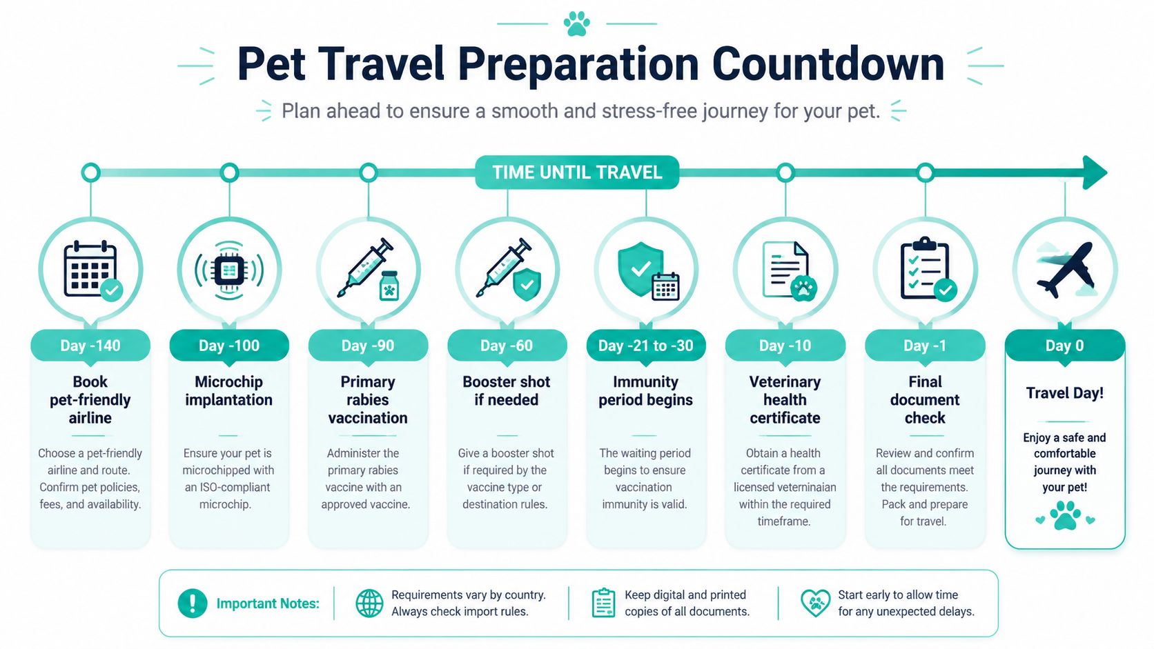 An infographic titled Pet Travel Preparation Countdown, showing the timeline from day -140 to travel day.