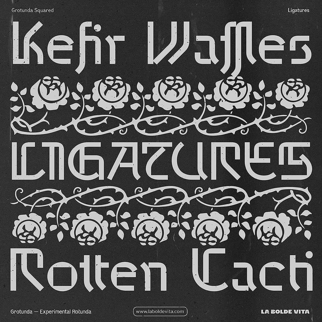 a medieval styled composition of Grotunda sample words with brutalistic illustrations of thorns and roses in light on dark grey