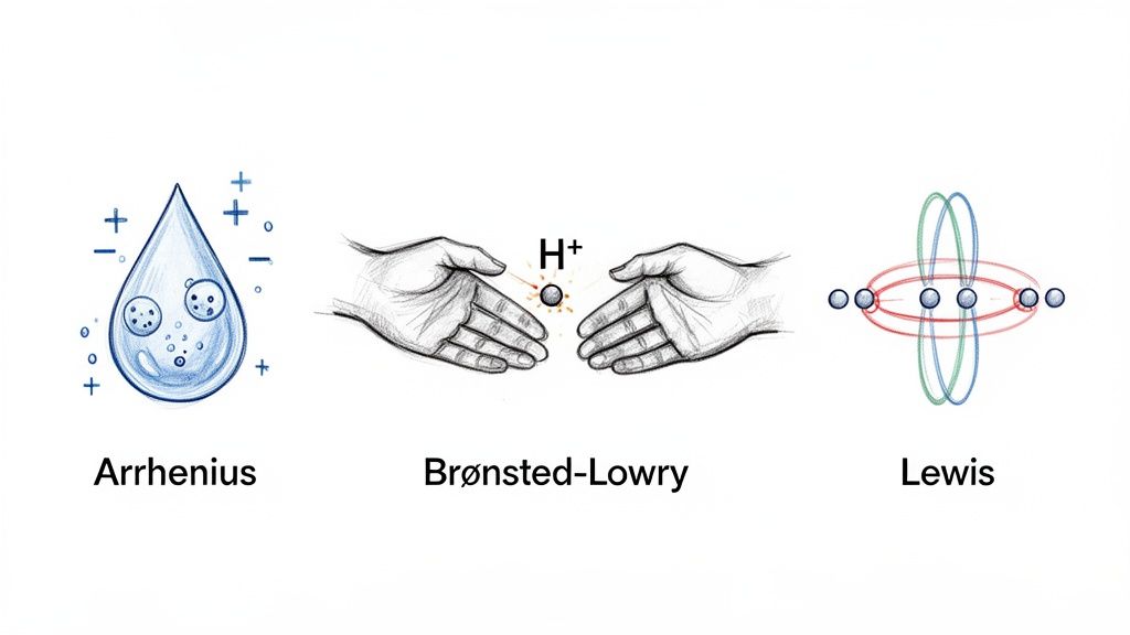 Three illustrations depict Arrhenius, Brønsted-Lowry, and Lewis acid-base theories in chemistry.