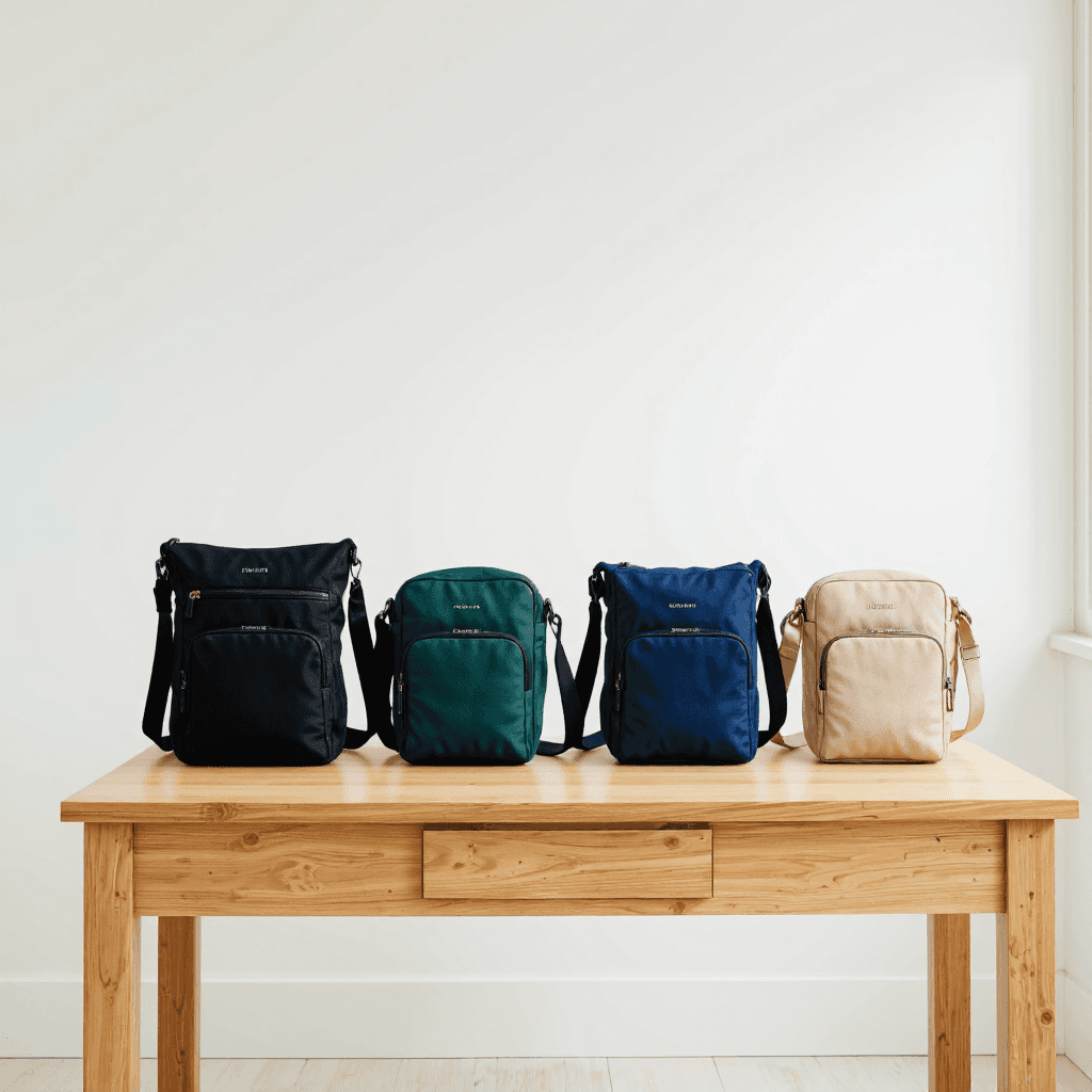 product photography of a collection of sling bags for casual use