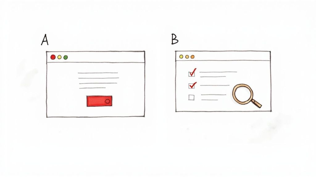 Two browser windows comparing A/B testing landing page variations with button and checklist designs