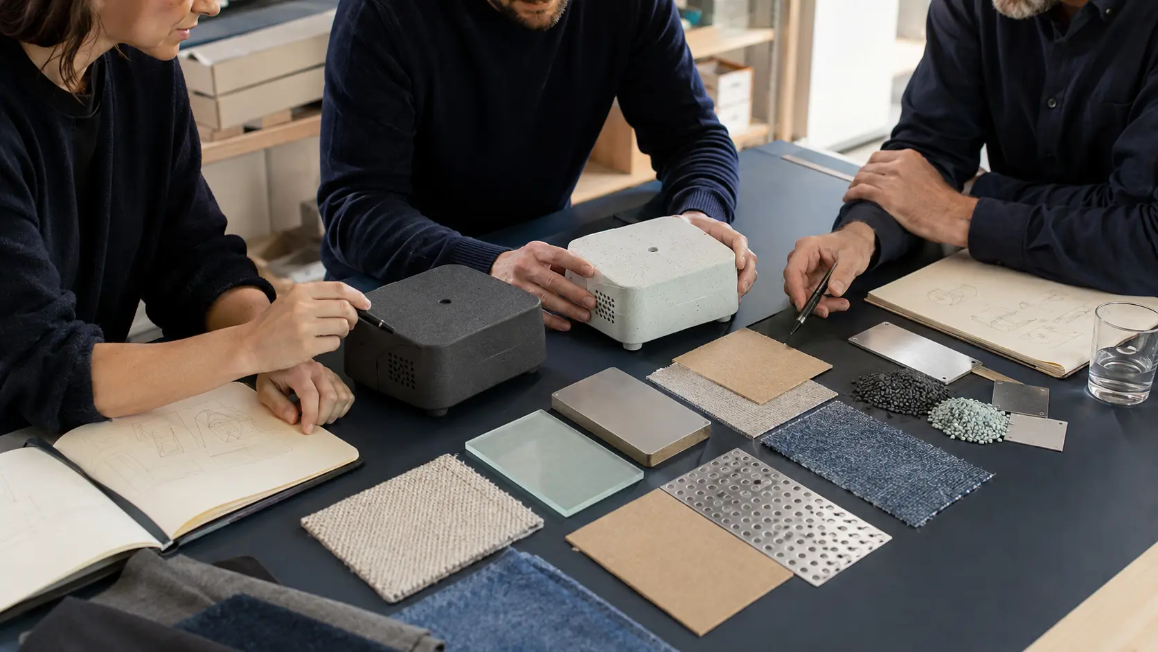 Product development team compares two product variants and different materials