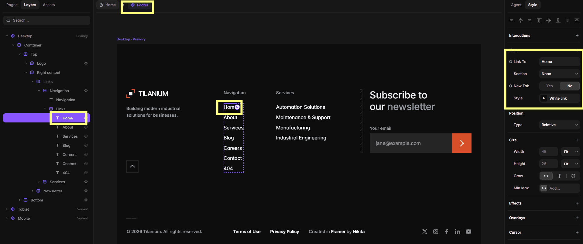 Editing footer content and links in the Tilanium component