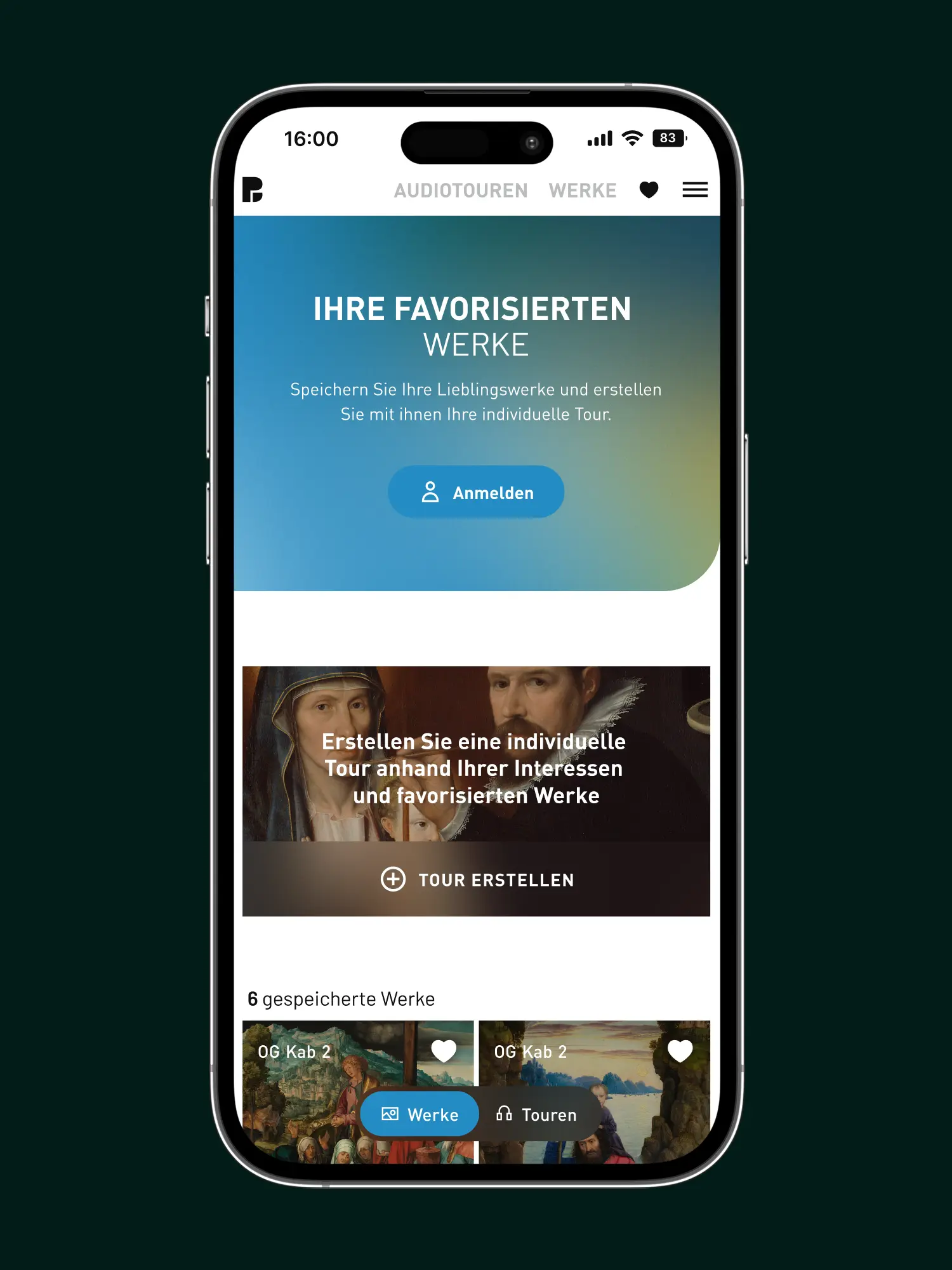 Favoriten-Seite mit Farbverlauf: „Ihre favorisierten Werke“, Anmelden-Button, Tour-Erstellung und sechs gespeicherte Werke; Umschalter Werke/Touren.