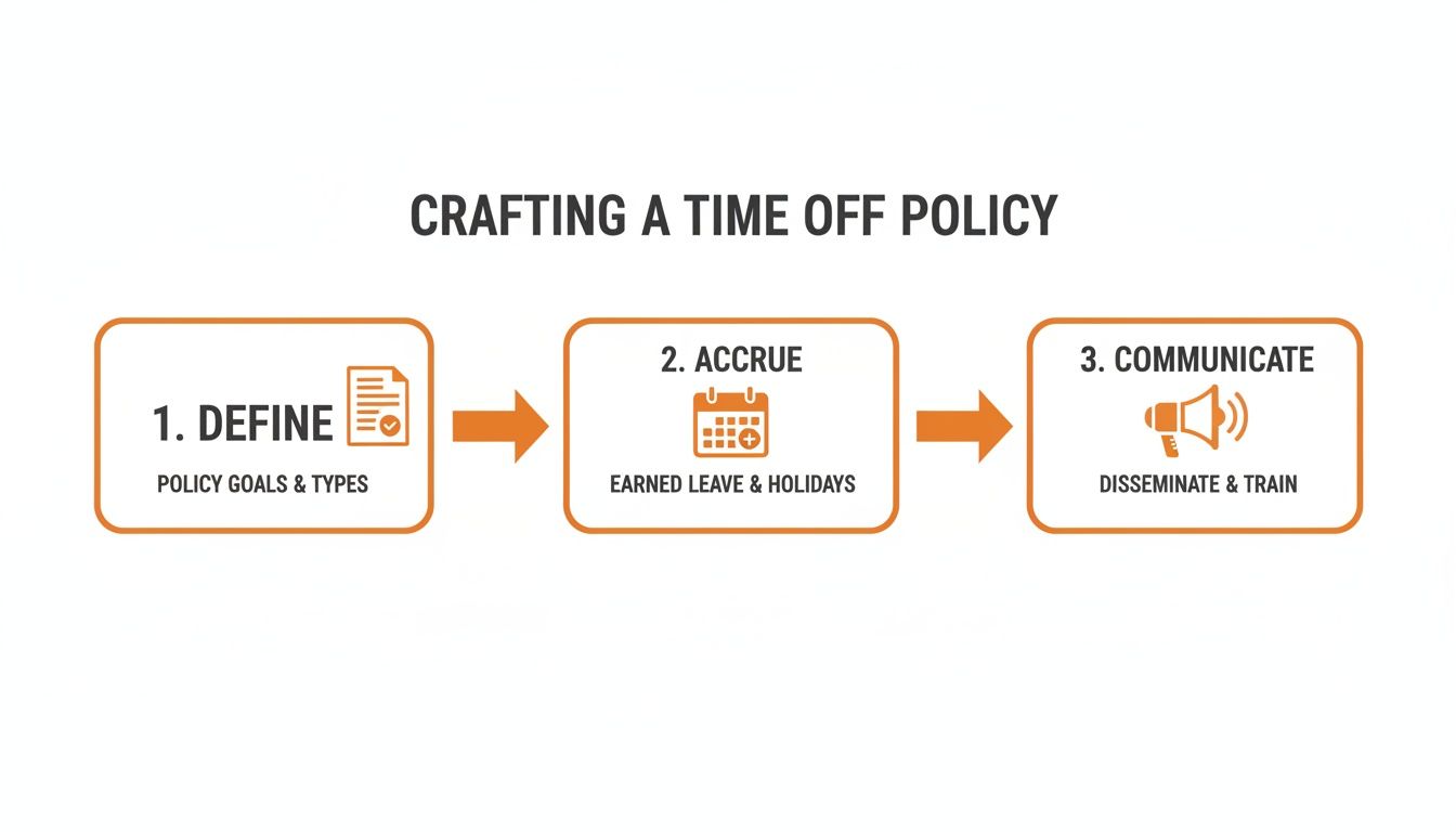 A three-step diagram outlining how to craft a time off policy: Define, Accrue, and Communicate.