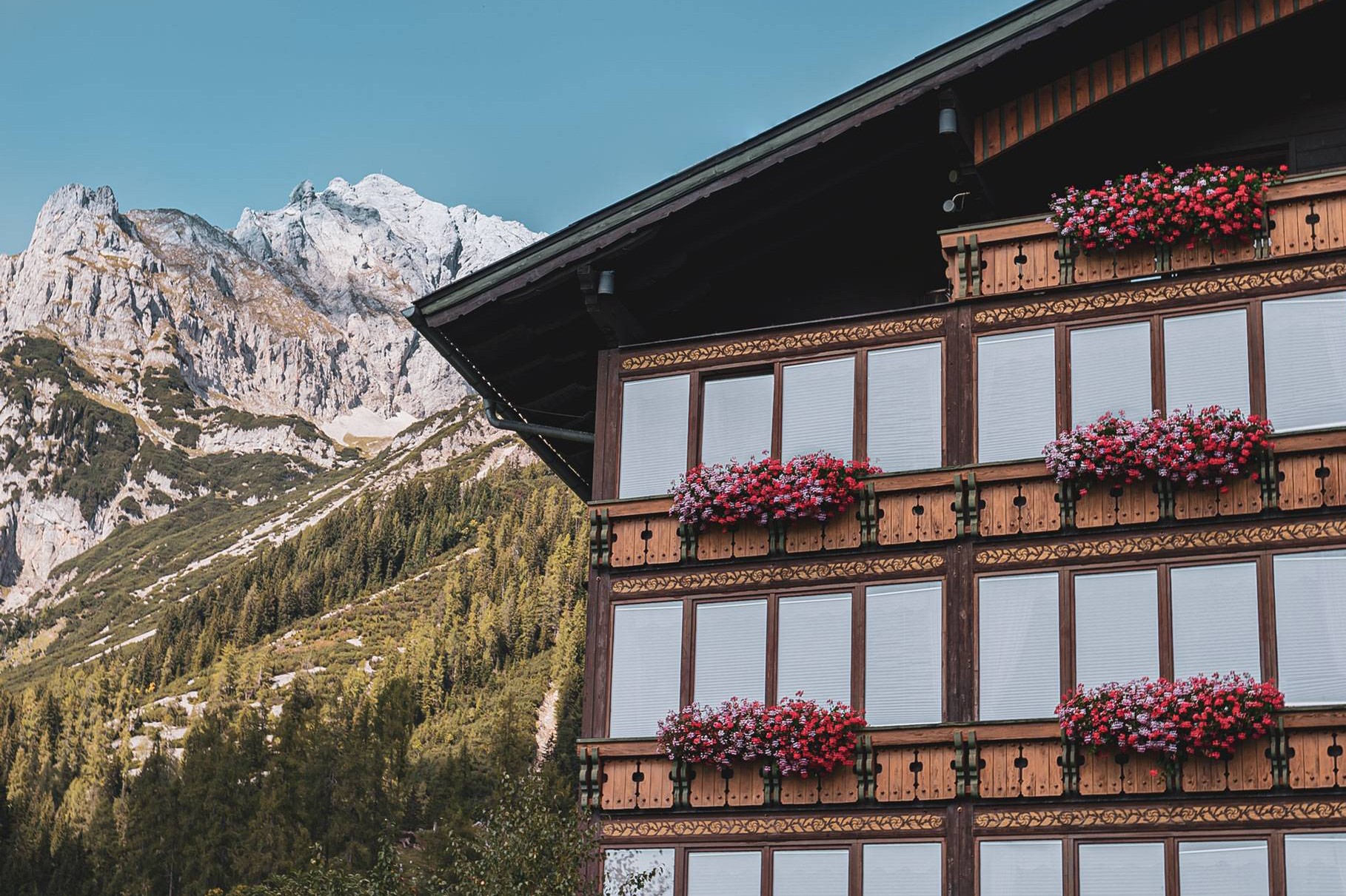 Außenansicht des Hotel Feistererhof mit Bergen dahinter.