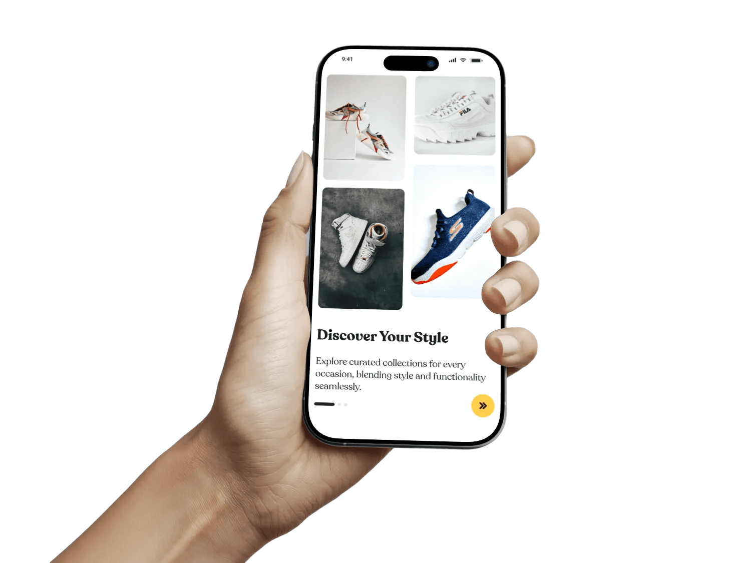 Hand holding a smartphone showing a fashion e-commerce app UI with a sneaker product grid, “Discover Your Style” headline, and a next arrow button.