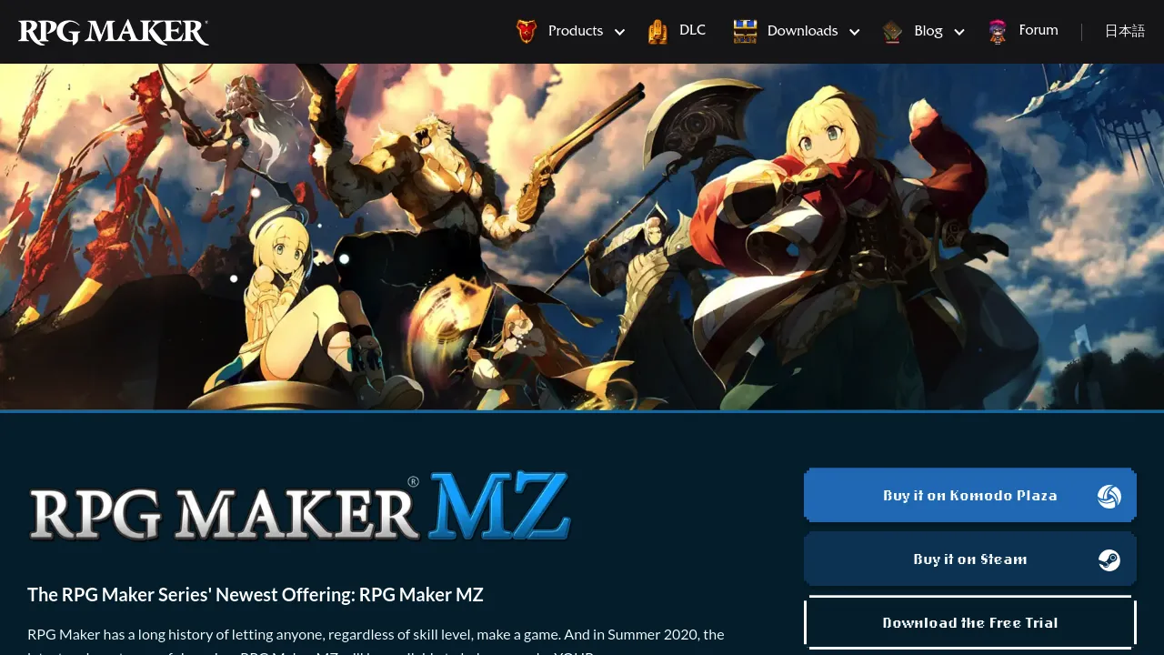 Screenshot of the RPG Maker MZ website showing game development engine specialized for RPGs