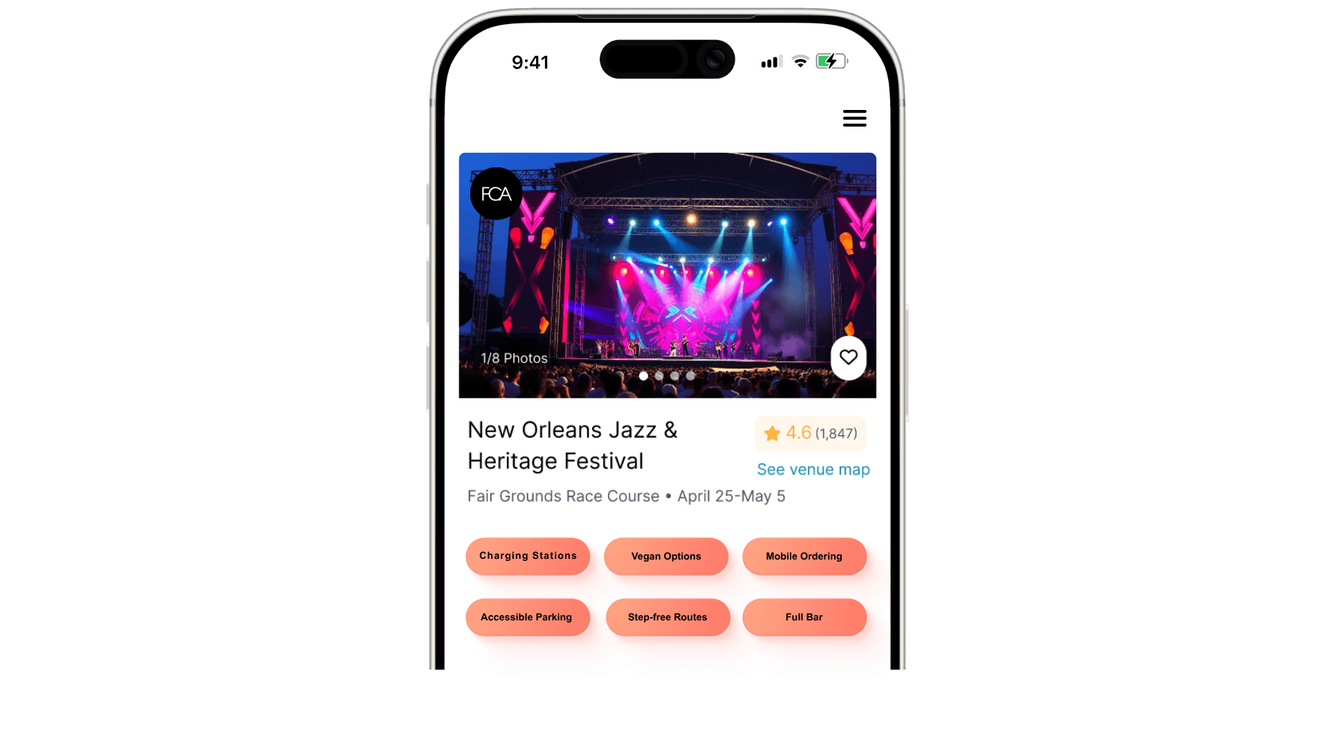 FCA app showing New Orleans Jazz & Heritage Festival venue page with photos, ratings, venue map, and feature tags for Charging Stations, Vegan Options, and Mobile Ordering.