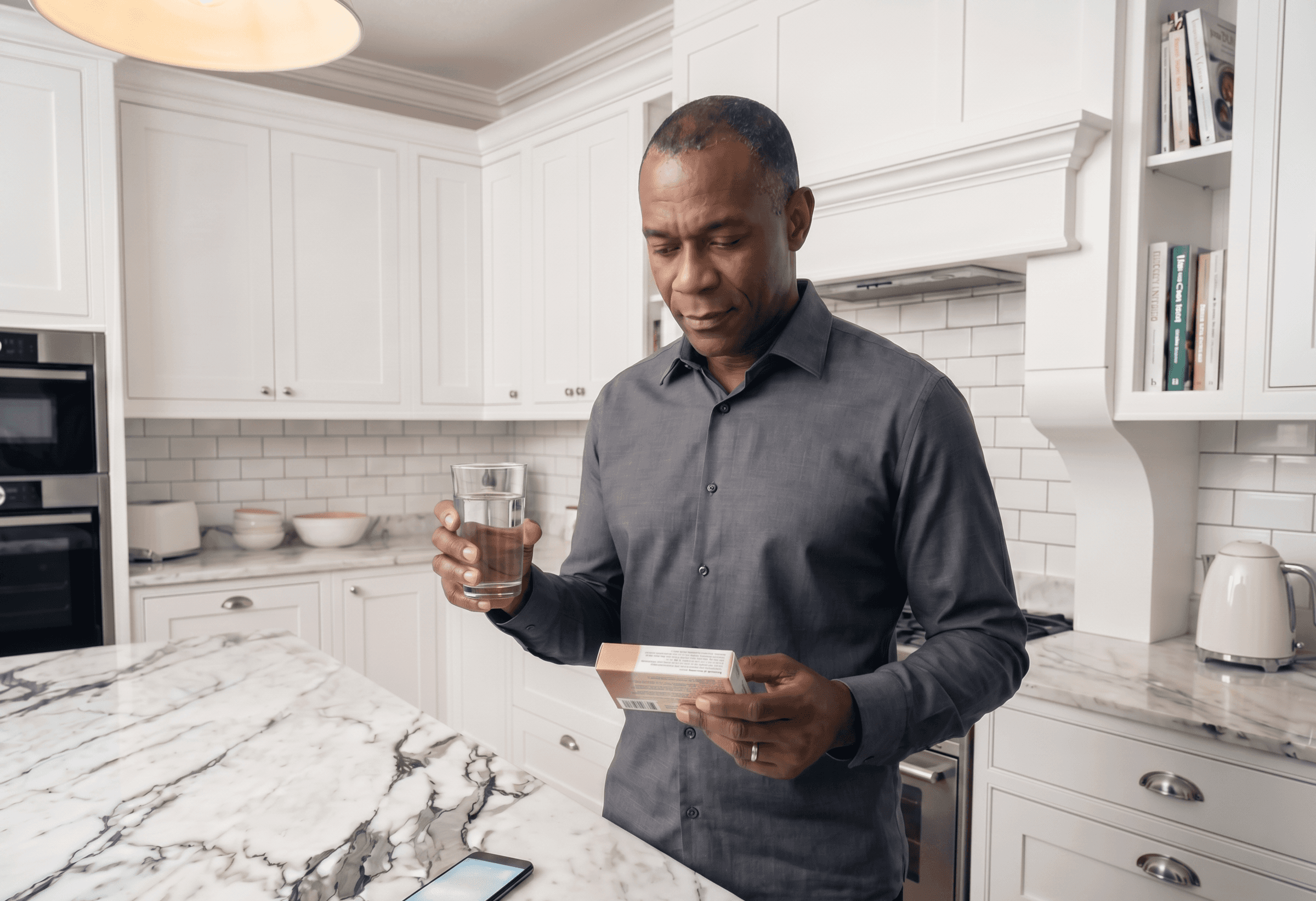 A distinguished black man in a luxury modern home practicing safe medication habits by taking his medicine with a glass of water.