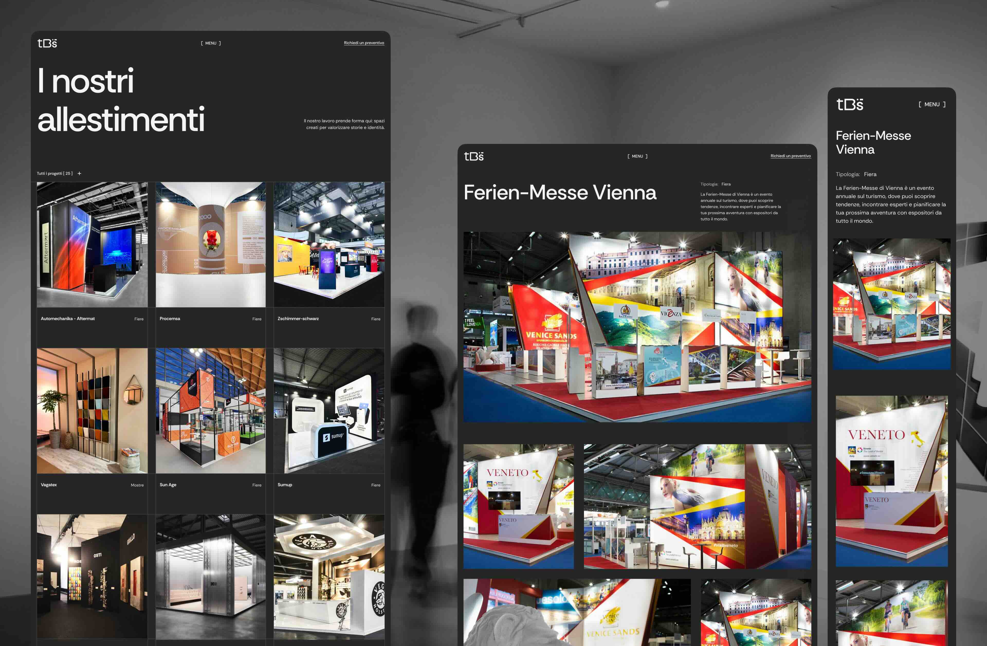 Responsive TBS project archive and project detail pages showing exhibition stand photography.