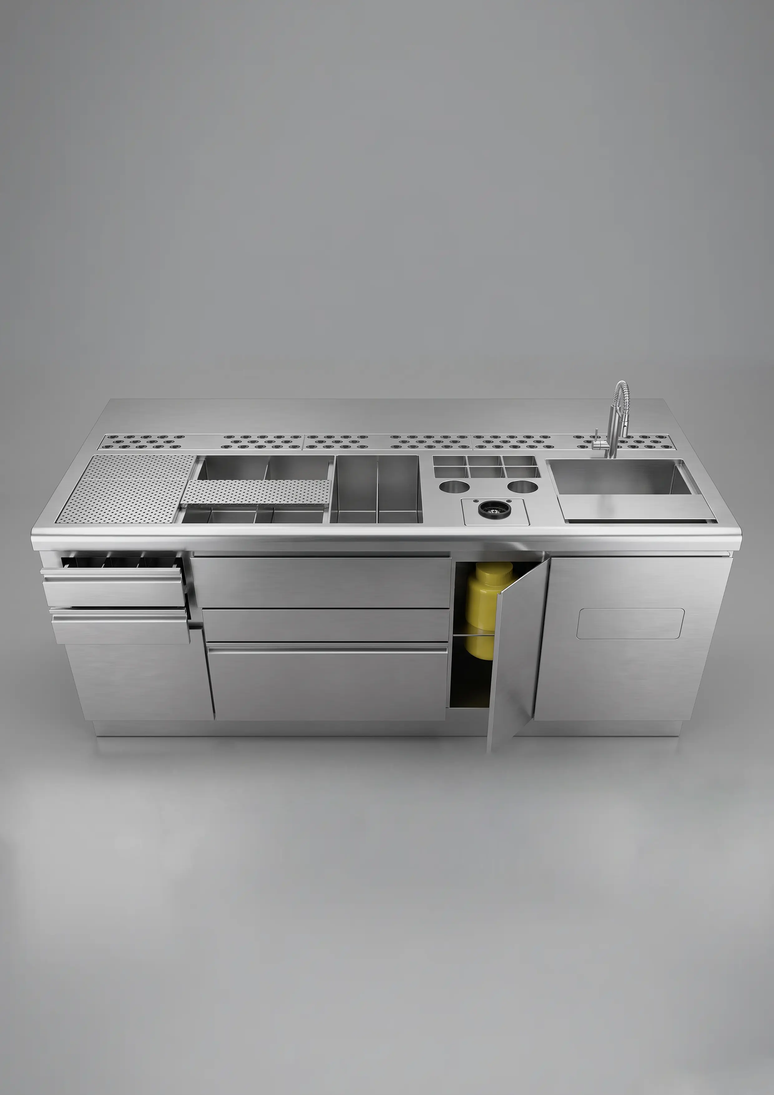 Custom AISI 304 stainless steel double bar station featuring integrated sink basins, multi-tier bottle rails, and underbar storage modules designed for high-capacity commercial hospitality environments.
