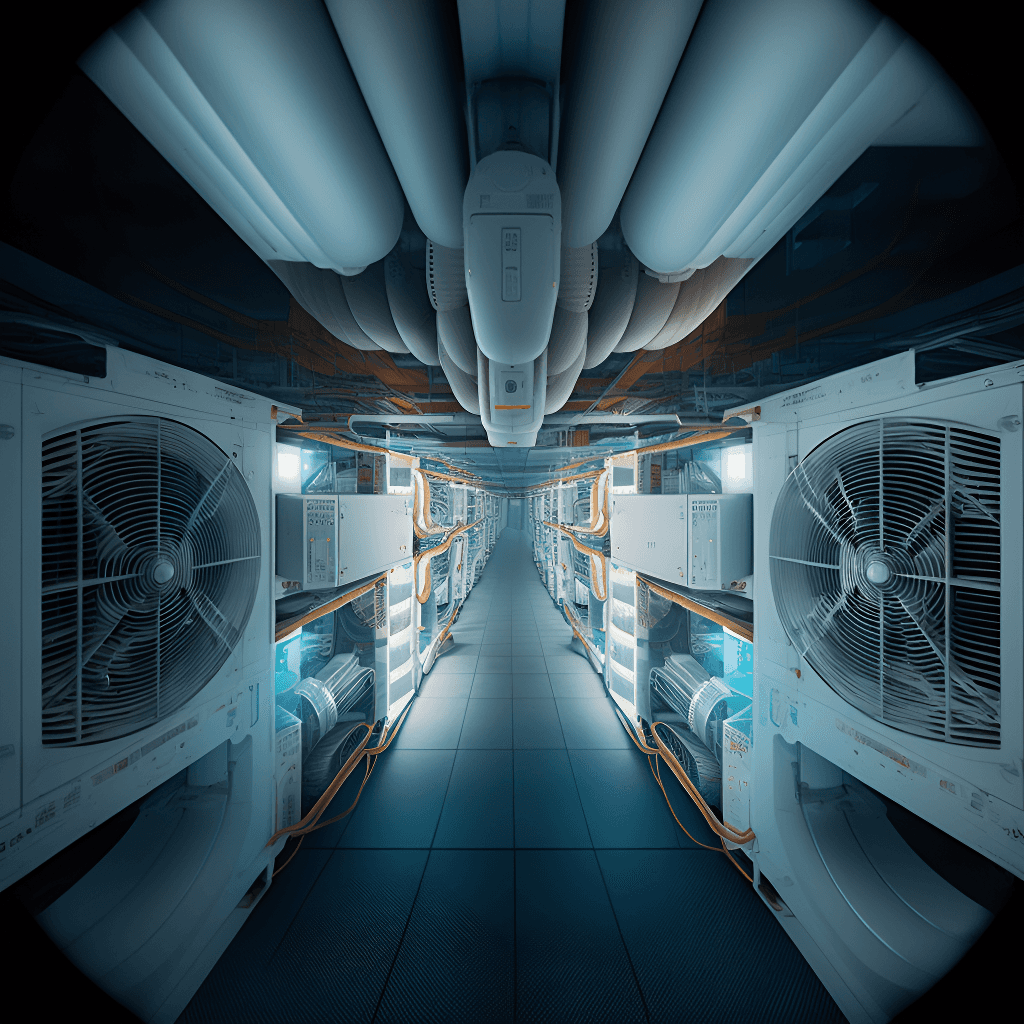 A futuristic corridor with industrial fans and blue lighting, leading into a bright tunnel.