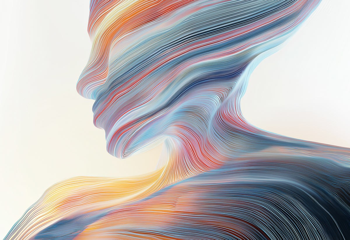 An AI generated image depicting a human head and upper torso represented by multiple complex flowing lines, illustrating people-first approaches shaping AI adoption in organisations
