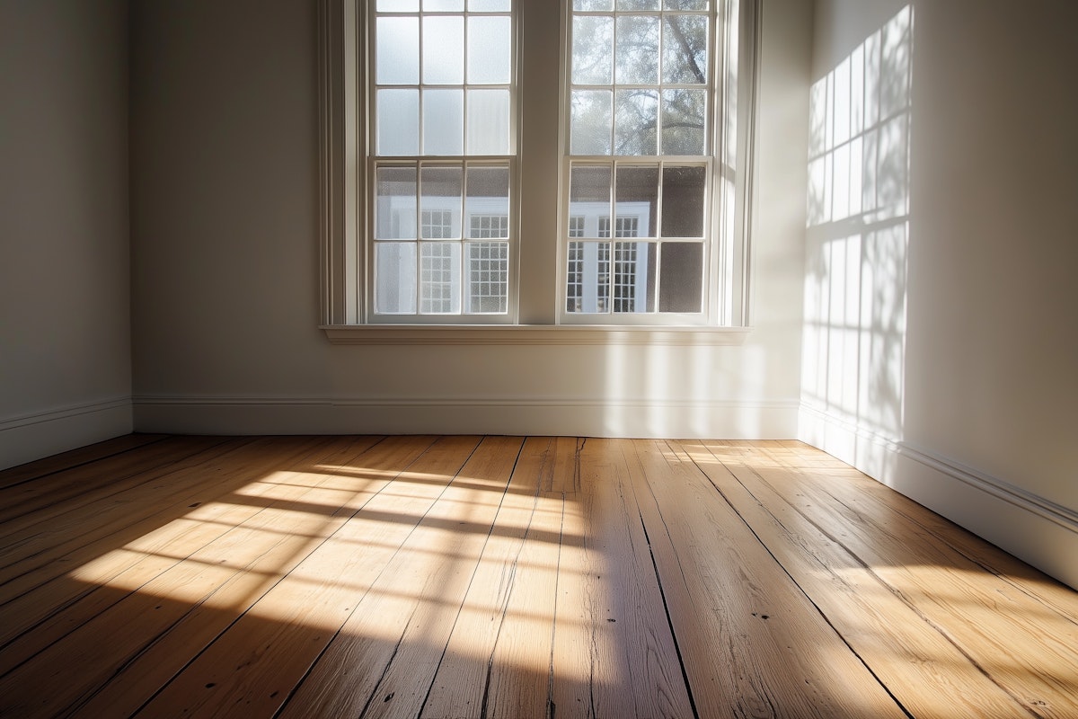 sunlit empty room with wooden floors
