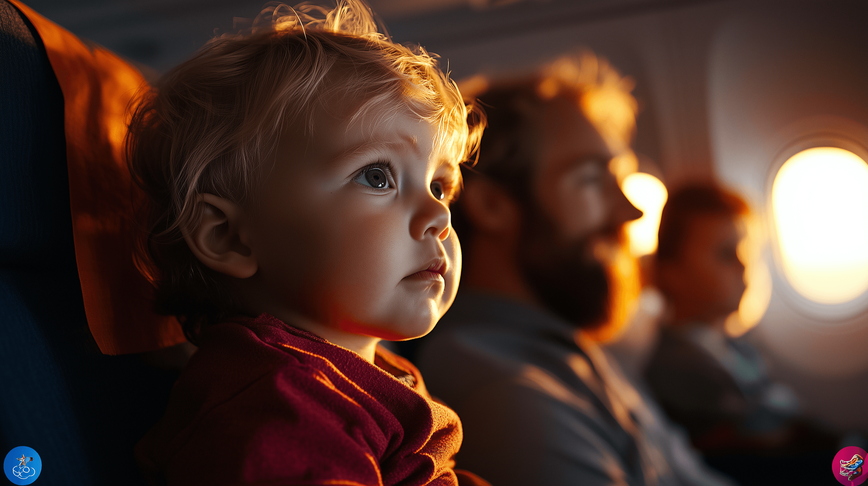 Curious toddler gazing out the airplane window during a daytime flight